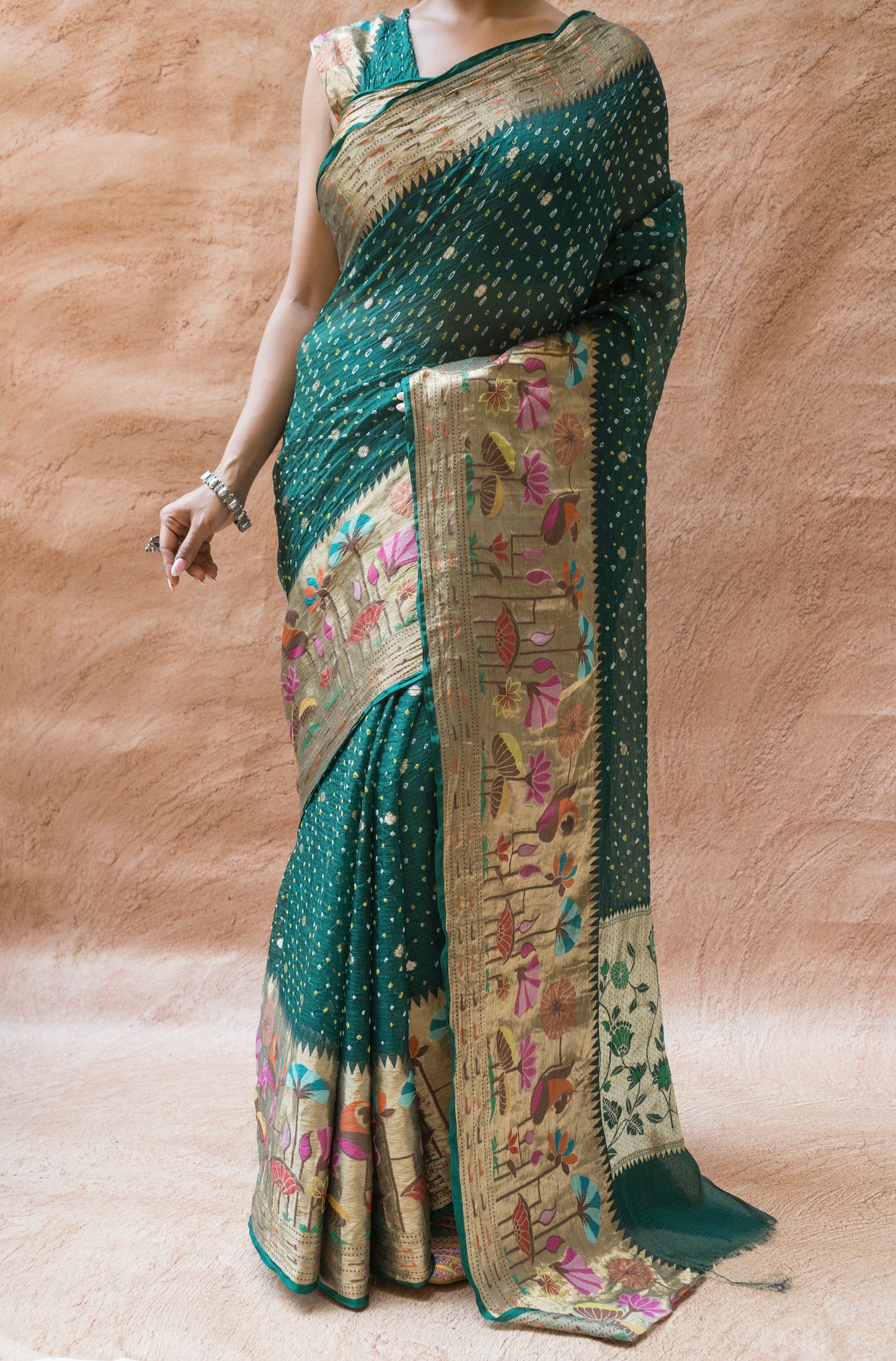 Kota Doria Meenakari Bandhej Bottle Green Saree