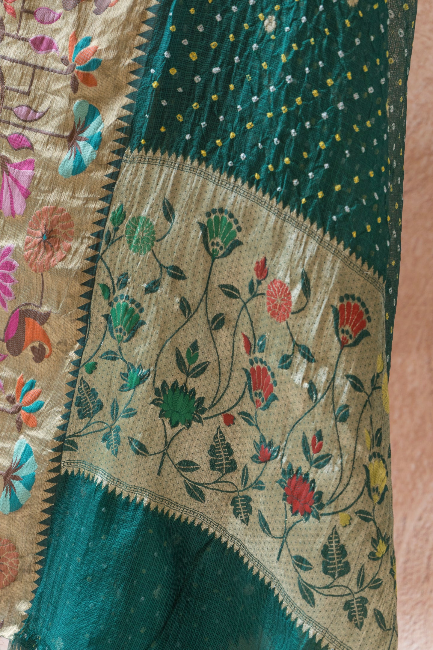 Kota Doria Meenakari Bandhej Bottle Green Saree