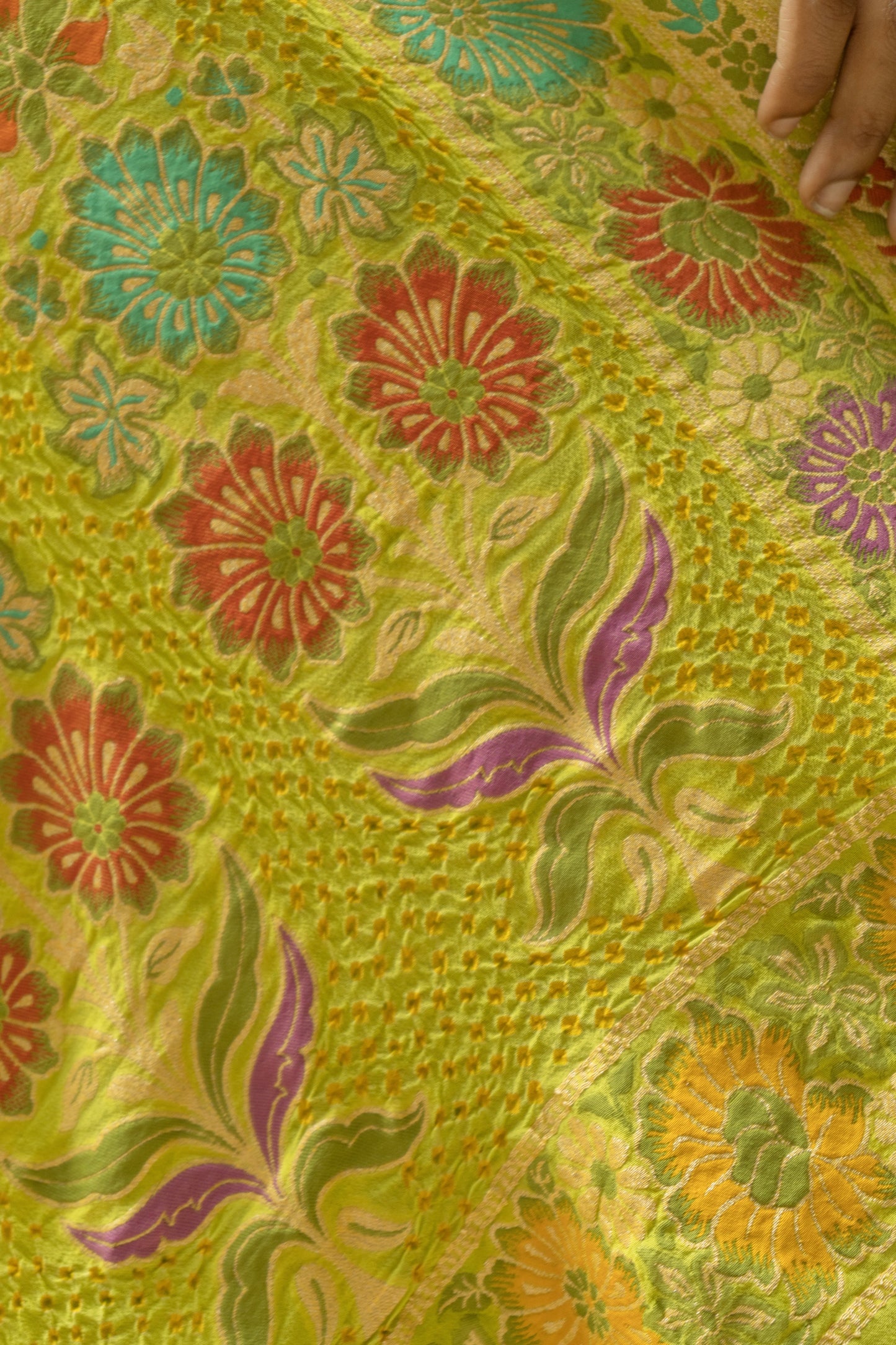 Georgette Floral Meenakari Bandhej Lime Green Saree