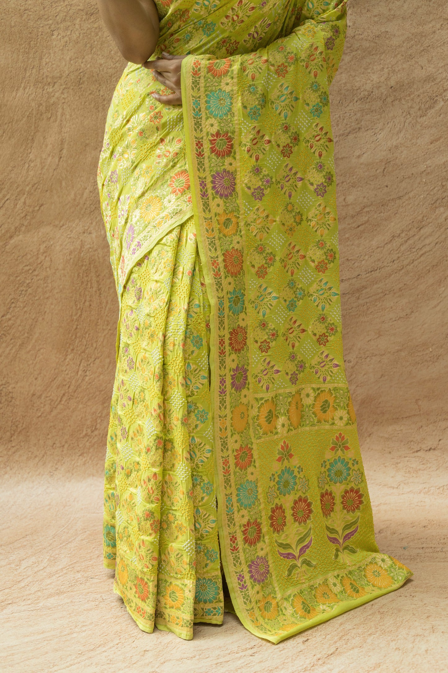 Georgette Floral Meenakari Bandhej Lime Green Saree