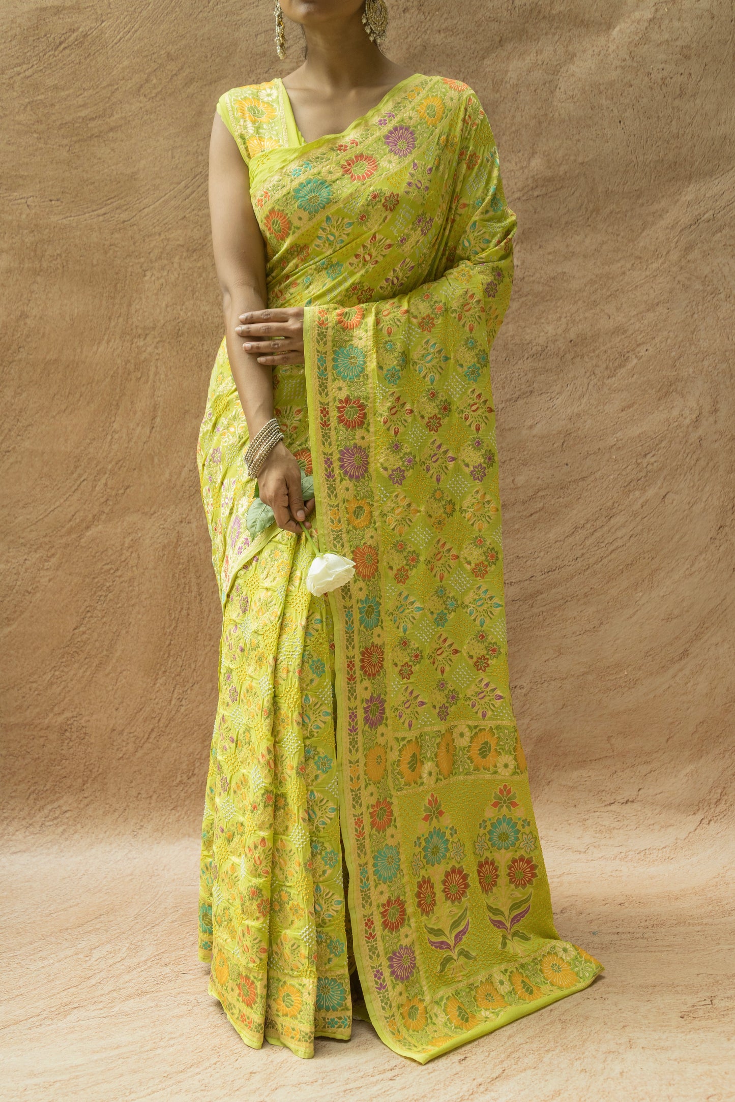 Georgette Floral Meenakari Bandhej Lime Green Saree