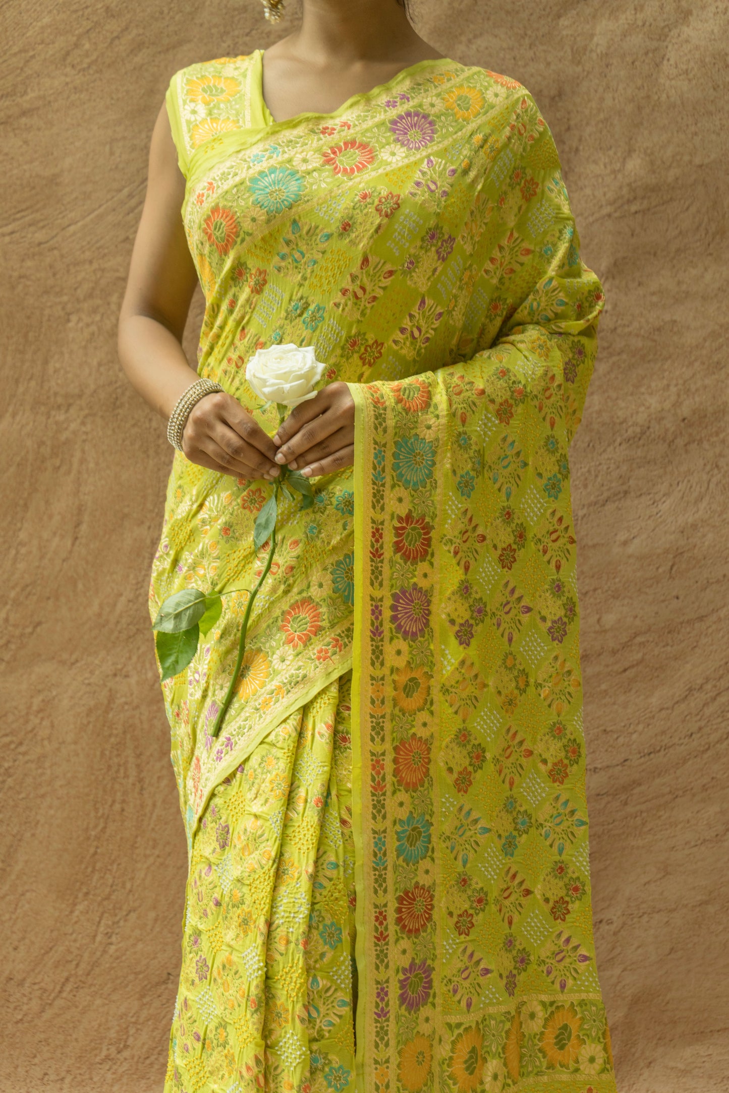 Georgette Floral Meenakari Bandhej Lime Green Saree
