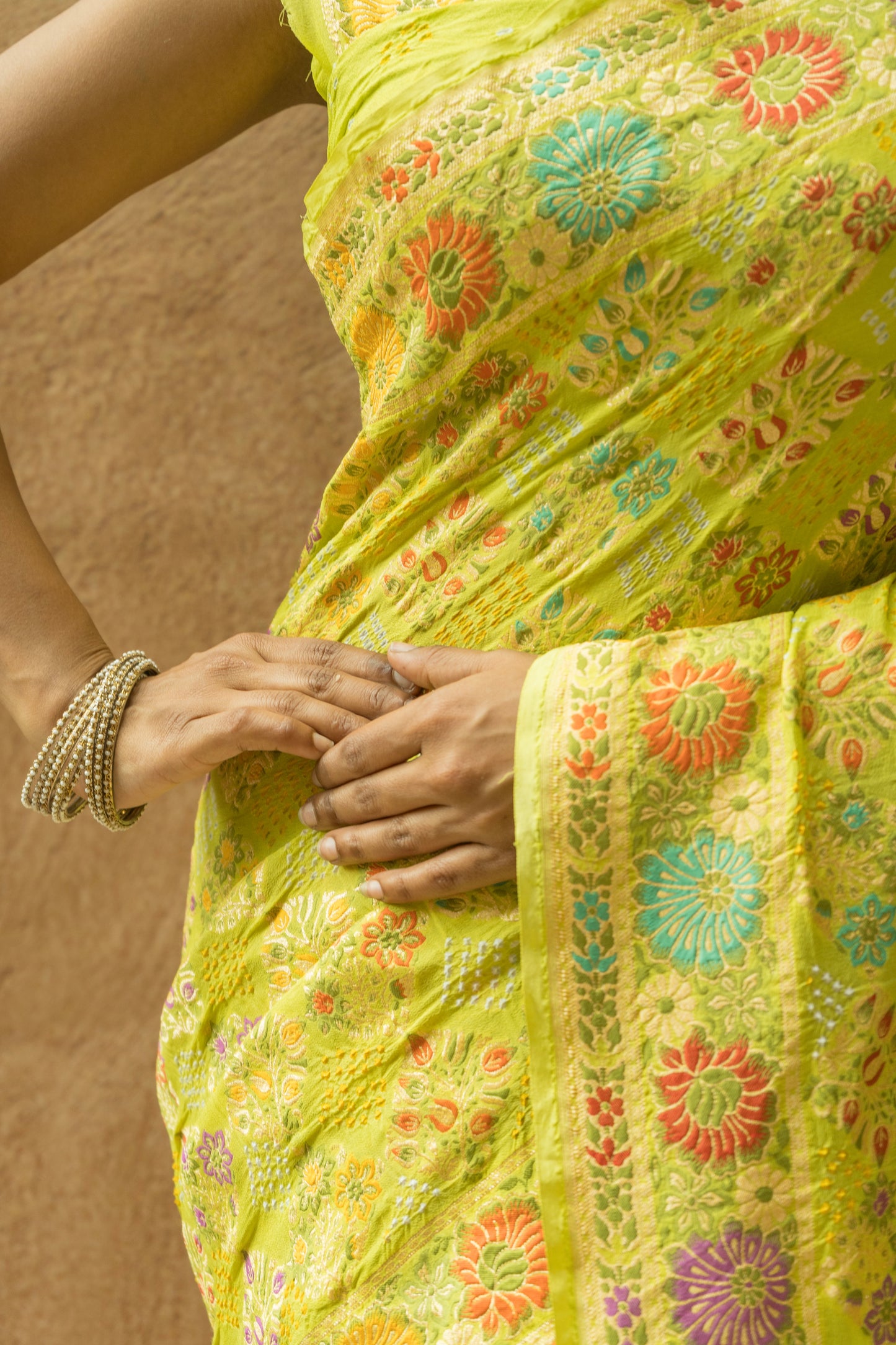 Georgette Floral Meenakari Bandhej Lime Green Saree