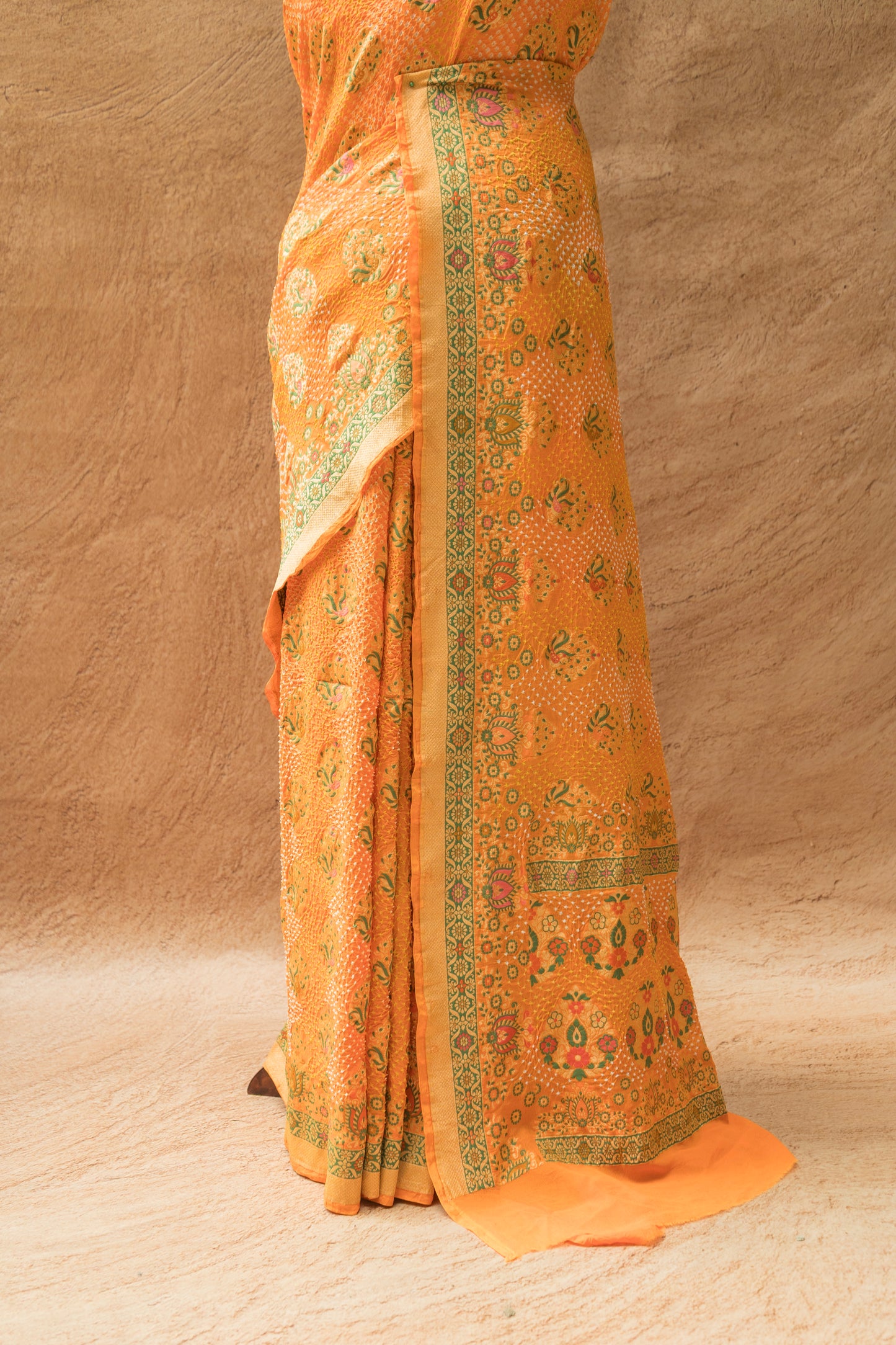 Georgette Meenakari Boota Orange Bandhej Saree