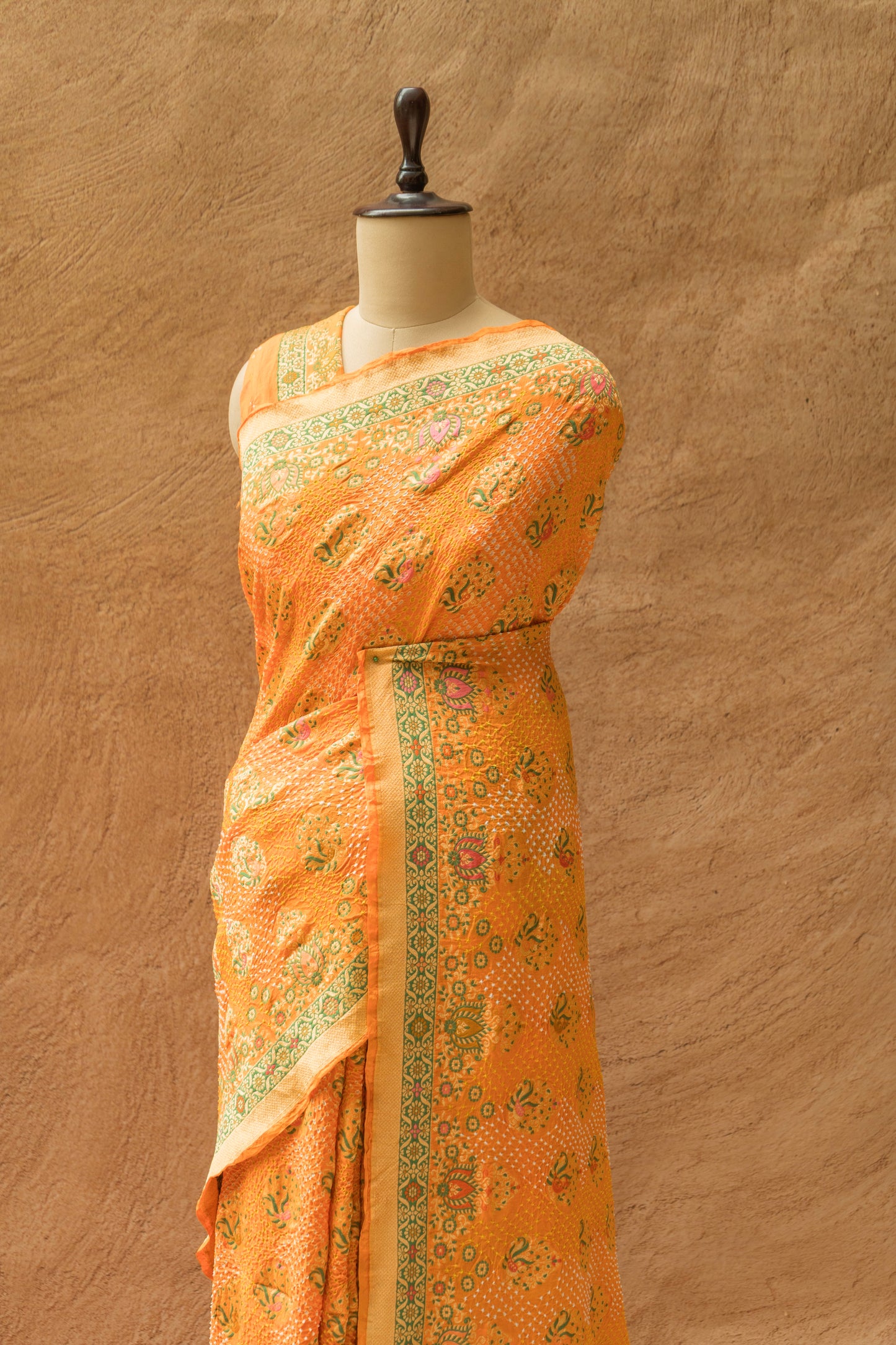 Georgette Meenakari Boota Orange Bandhej Saree