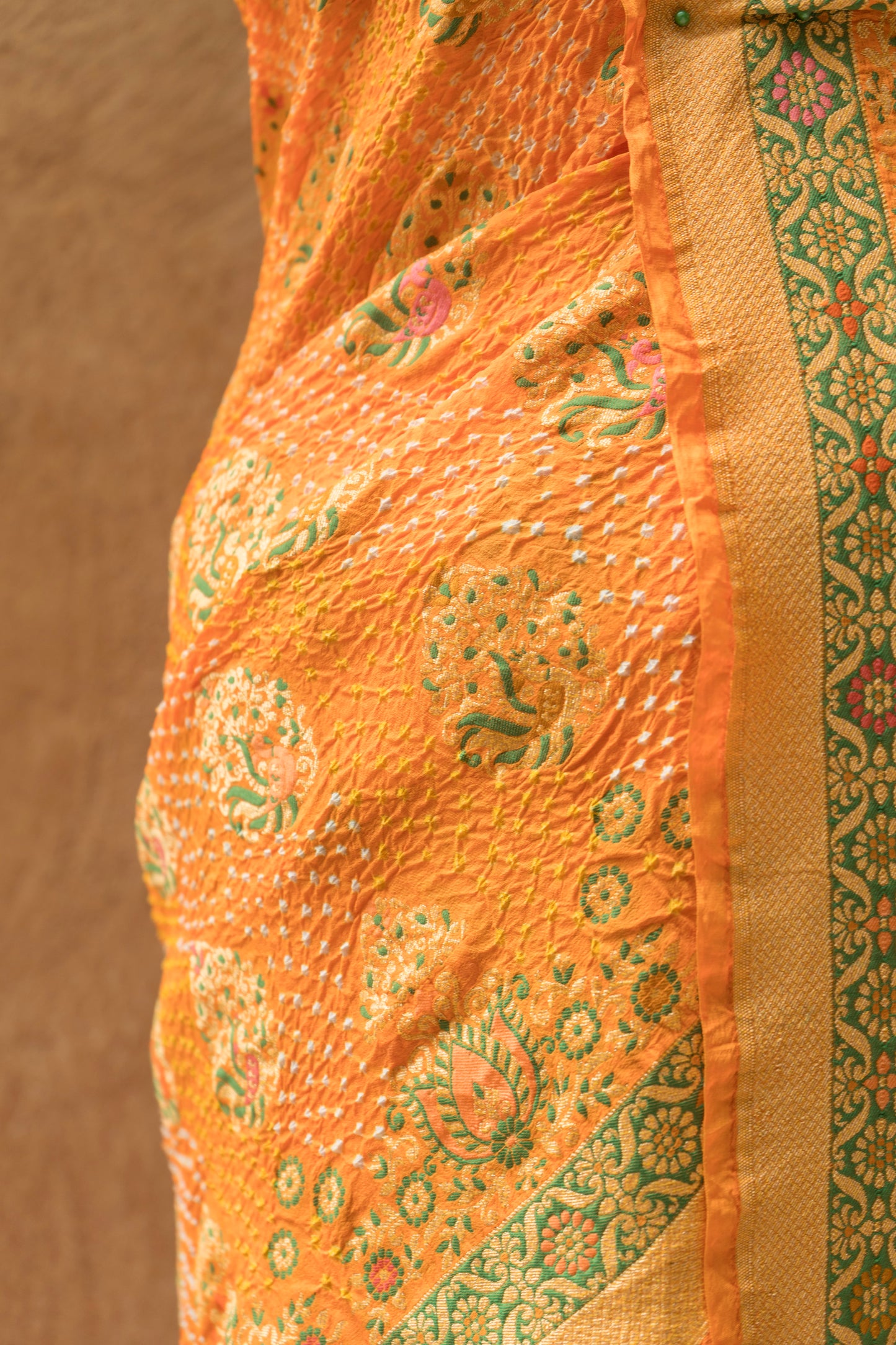 Georgette Meenakari Boota Orange Bandhej Saree