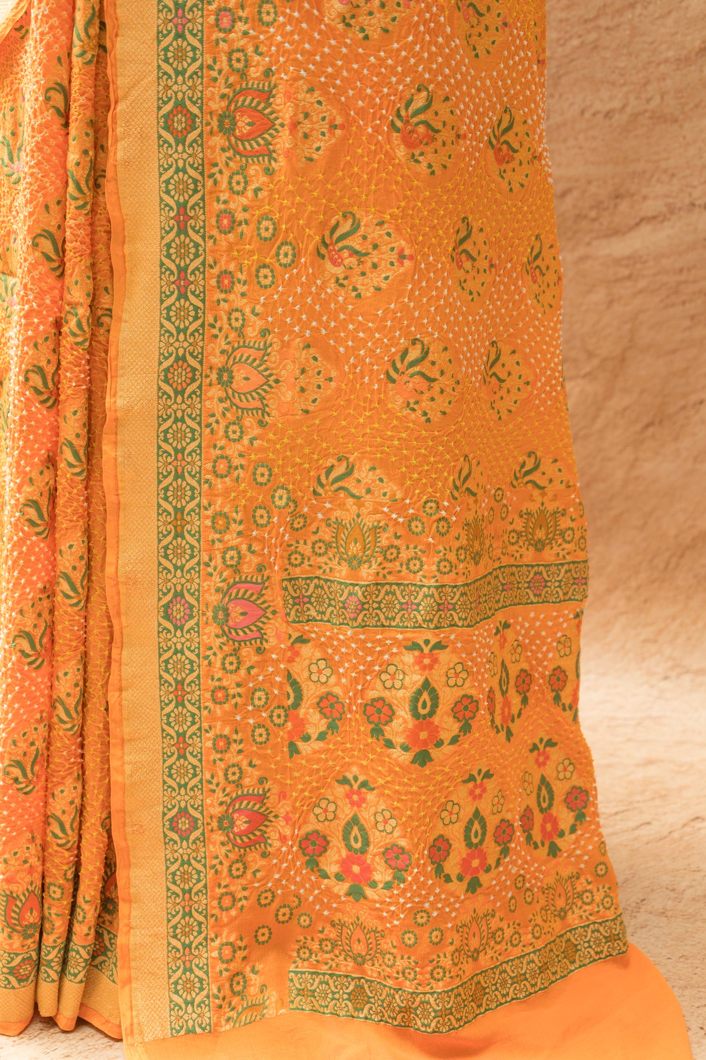 Georgette Meenakari Boota Orange Bandhej Saree