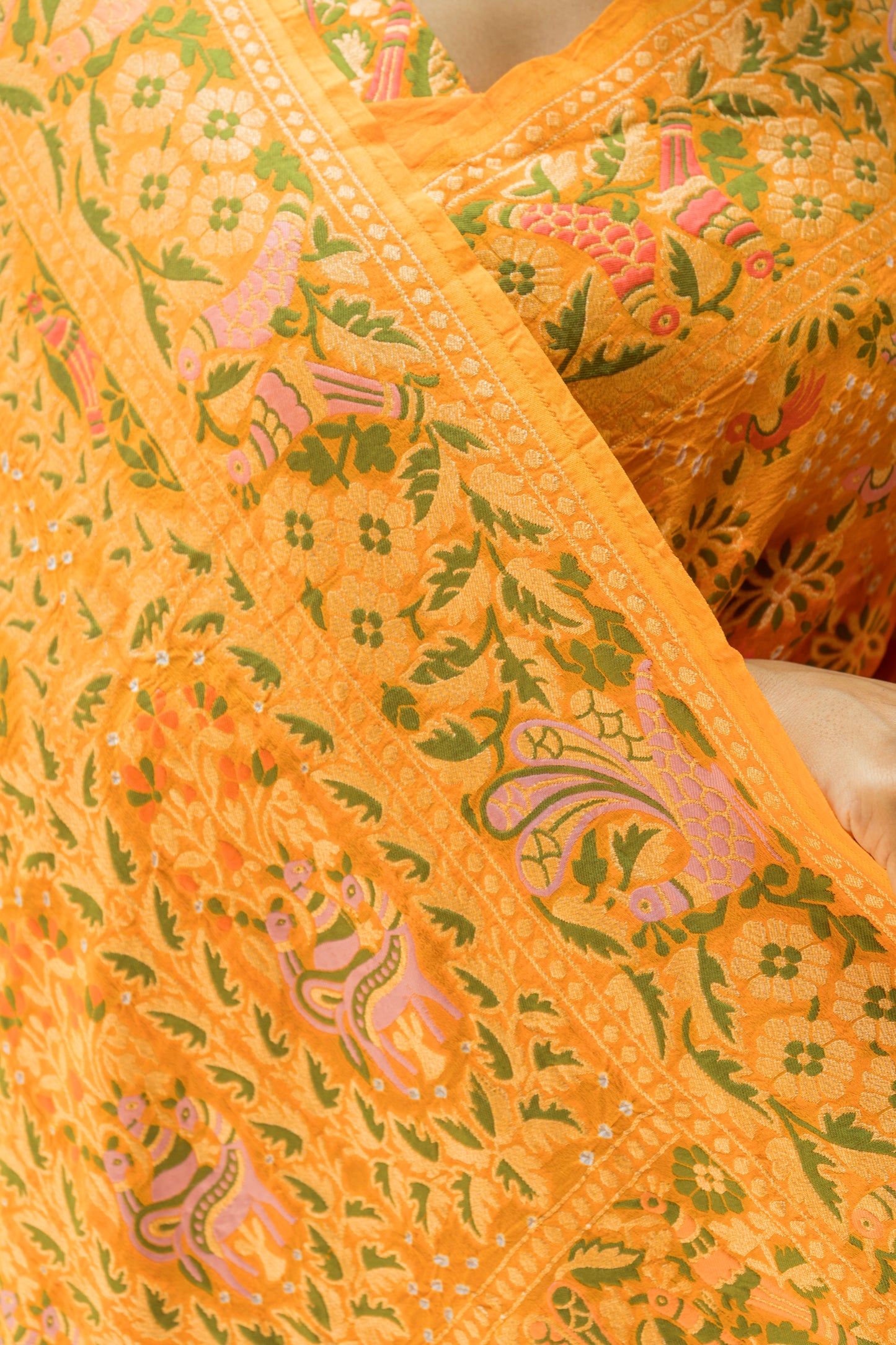 Georgette Bird Weaving Meenakari Orange Shaded Bandhej Saree