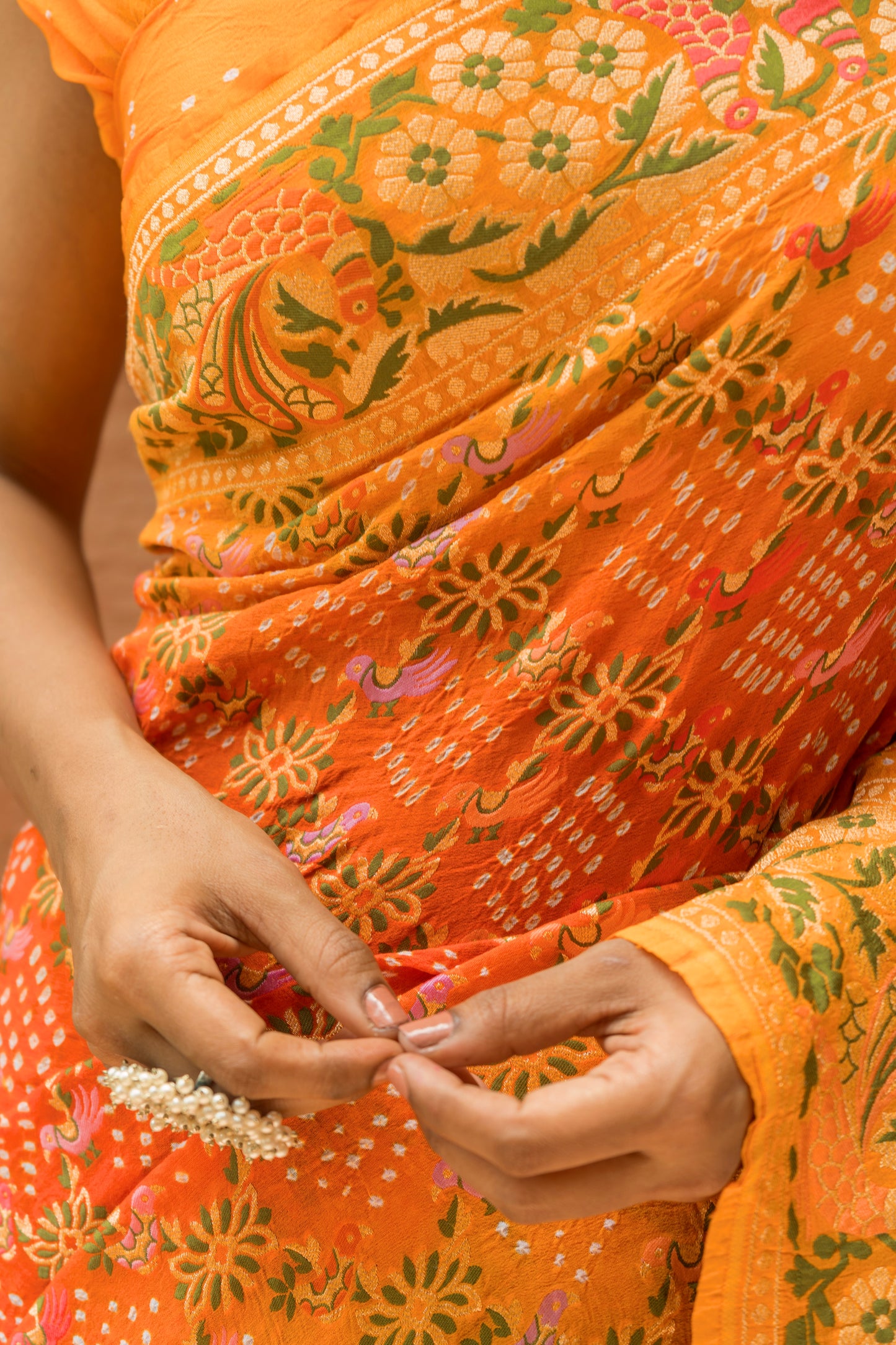 Georgette Bird Weaving Meenakari Orange Shaded Bandhej Saree