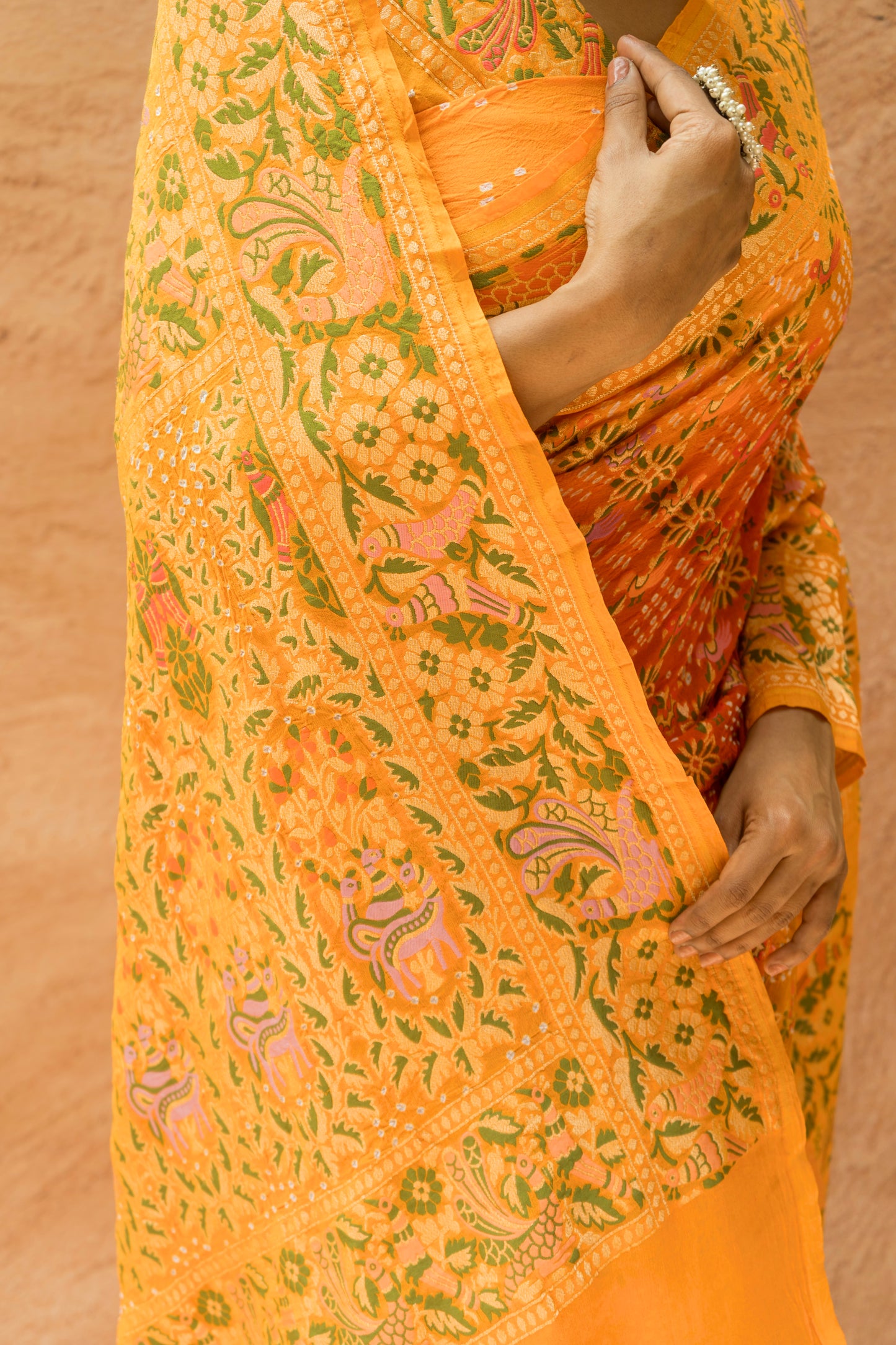 Georgette Bird Weaving Meenakari Orange Shaded Bandhej Saree