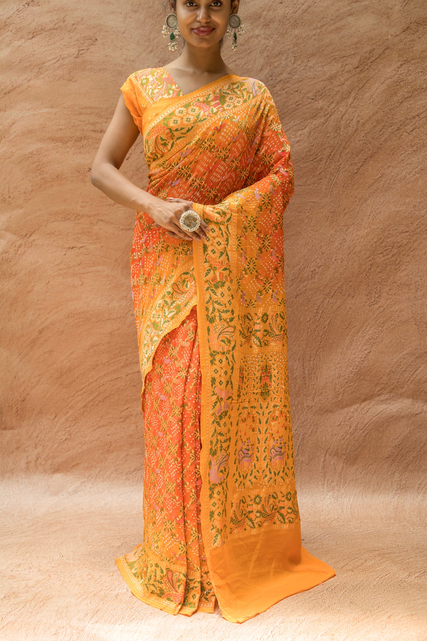Georgette Bird Weaving Meenakari Orange Shaded Bandhej Saree