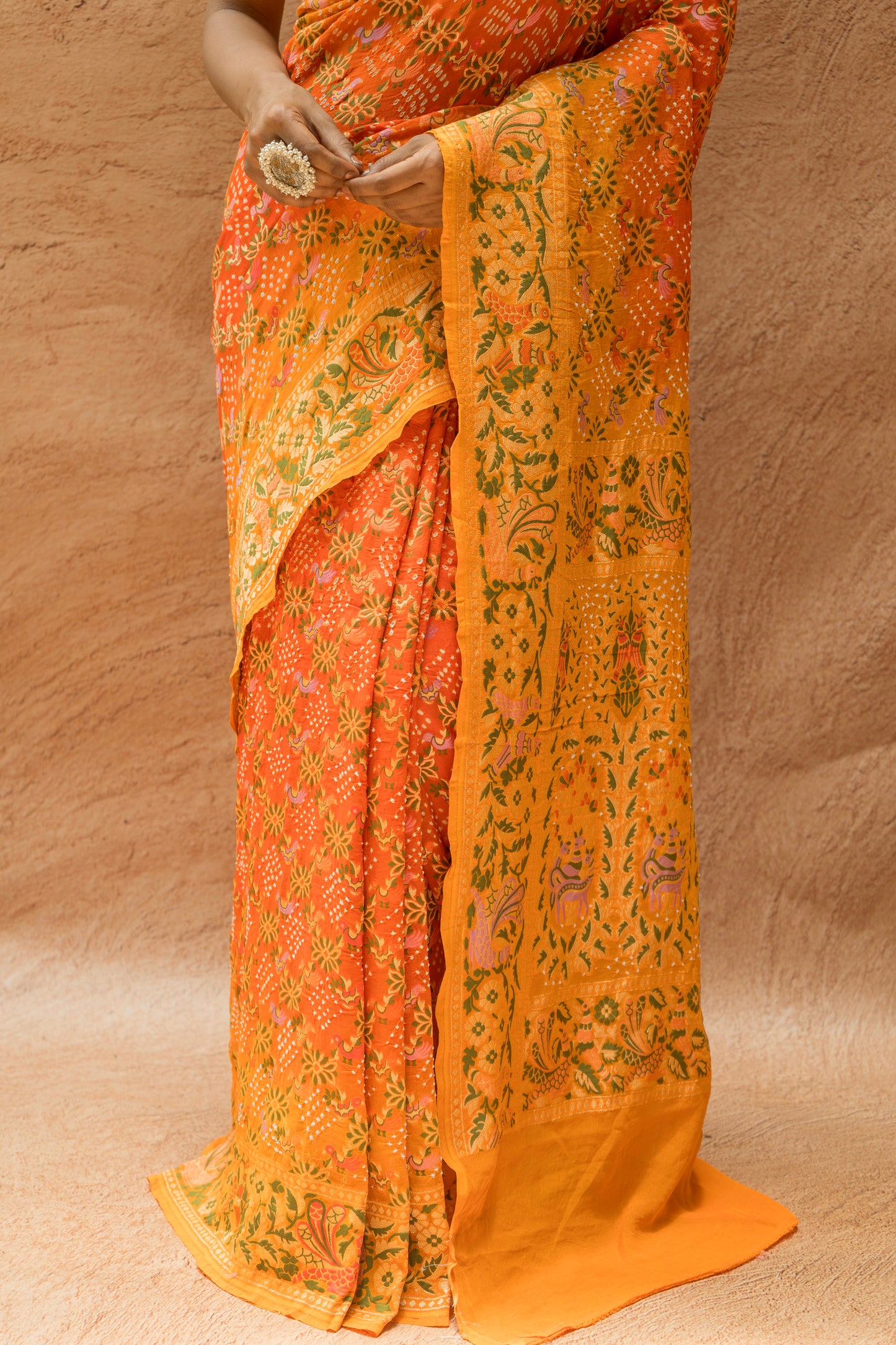 Georgette Bird Weaving Meenakari Orange Shaded Bandhej Saree