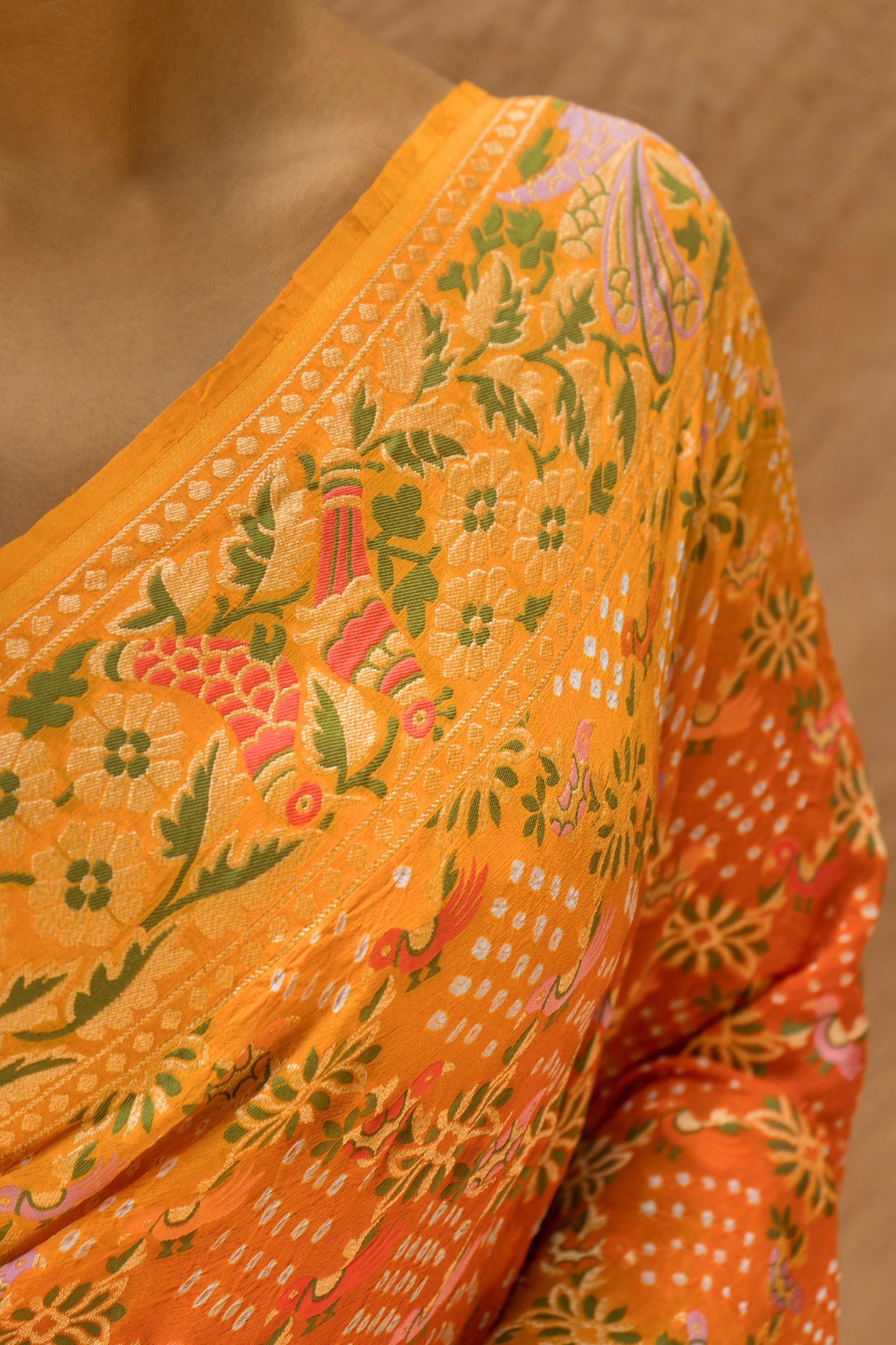 Georgette Bird Weaving Meenakari Orange Shaded Bandhej Saree