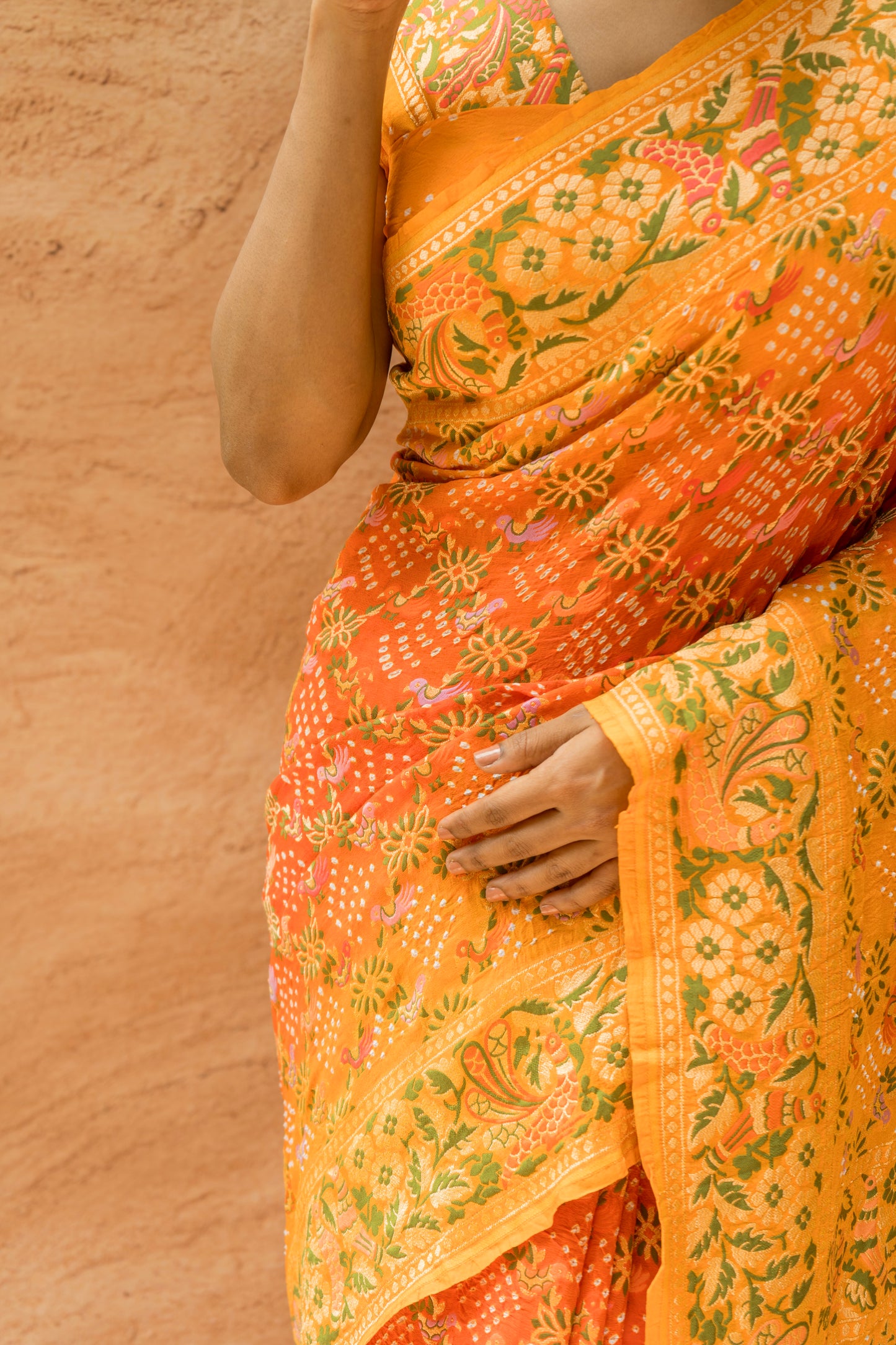 Georgette Bird Weaving Meenakari Orange Shaded Bandhej Saree
