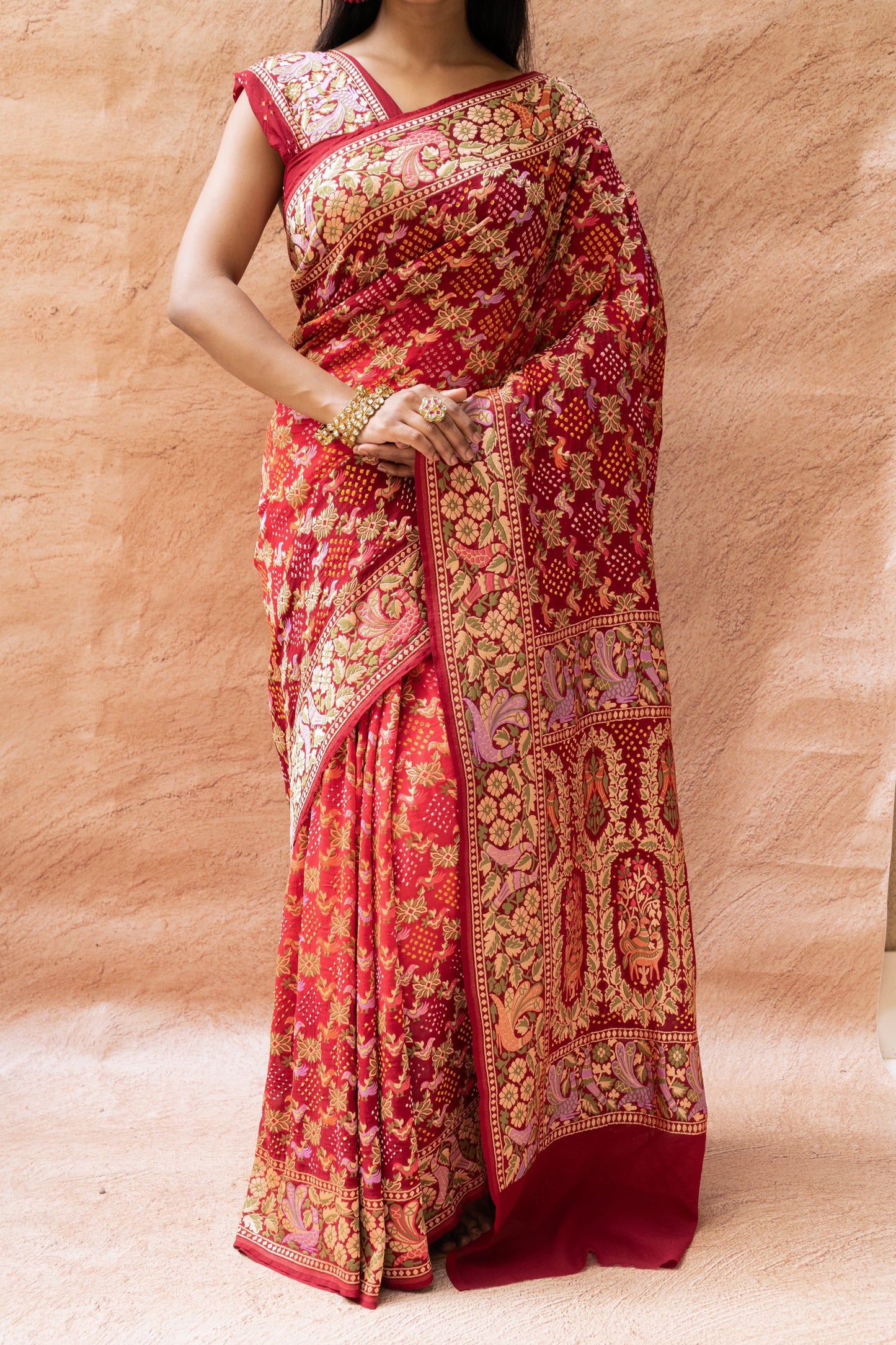Georgette Bird Weaving Meenakari Red-Maroon Bandhej Saree