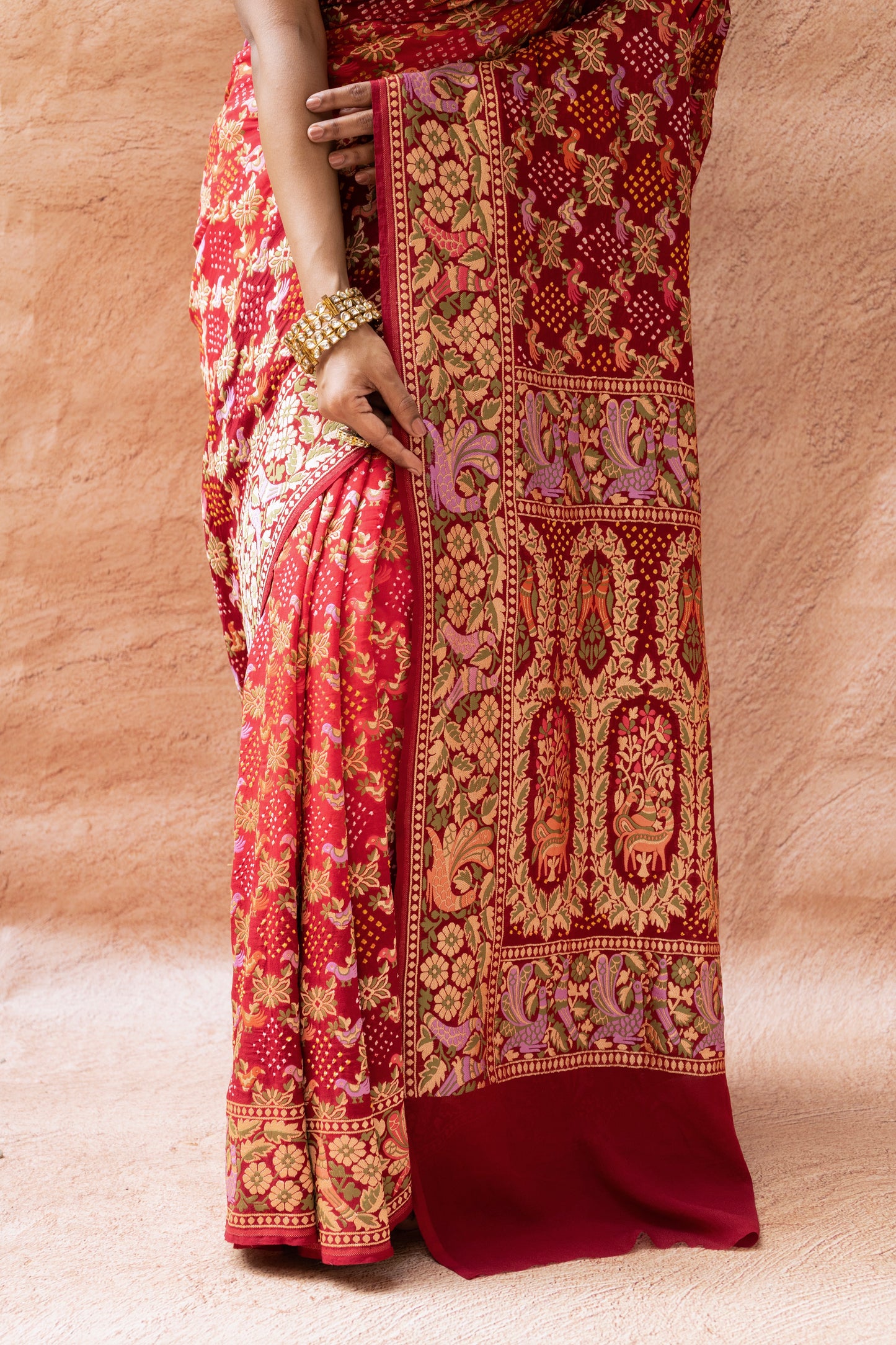 Georgette Bird Weaving Meenakari Red-Maroon Bandhej Saree