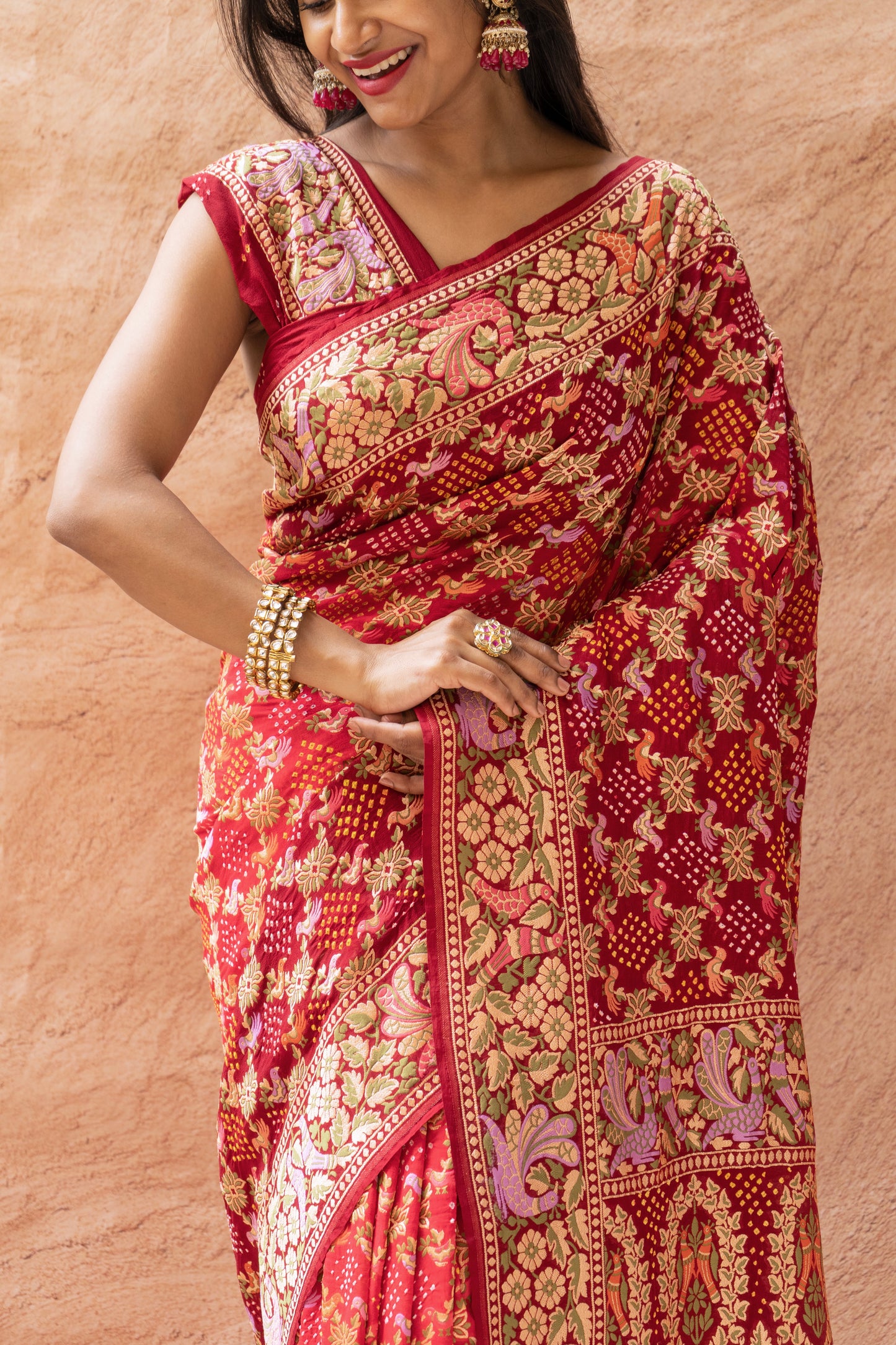 Georgette Bird Weaving Meenakari Red-Maroon Bandhej Saree