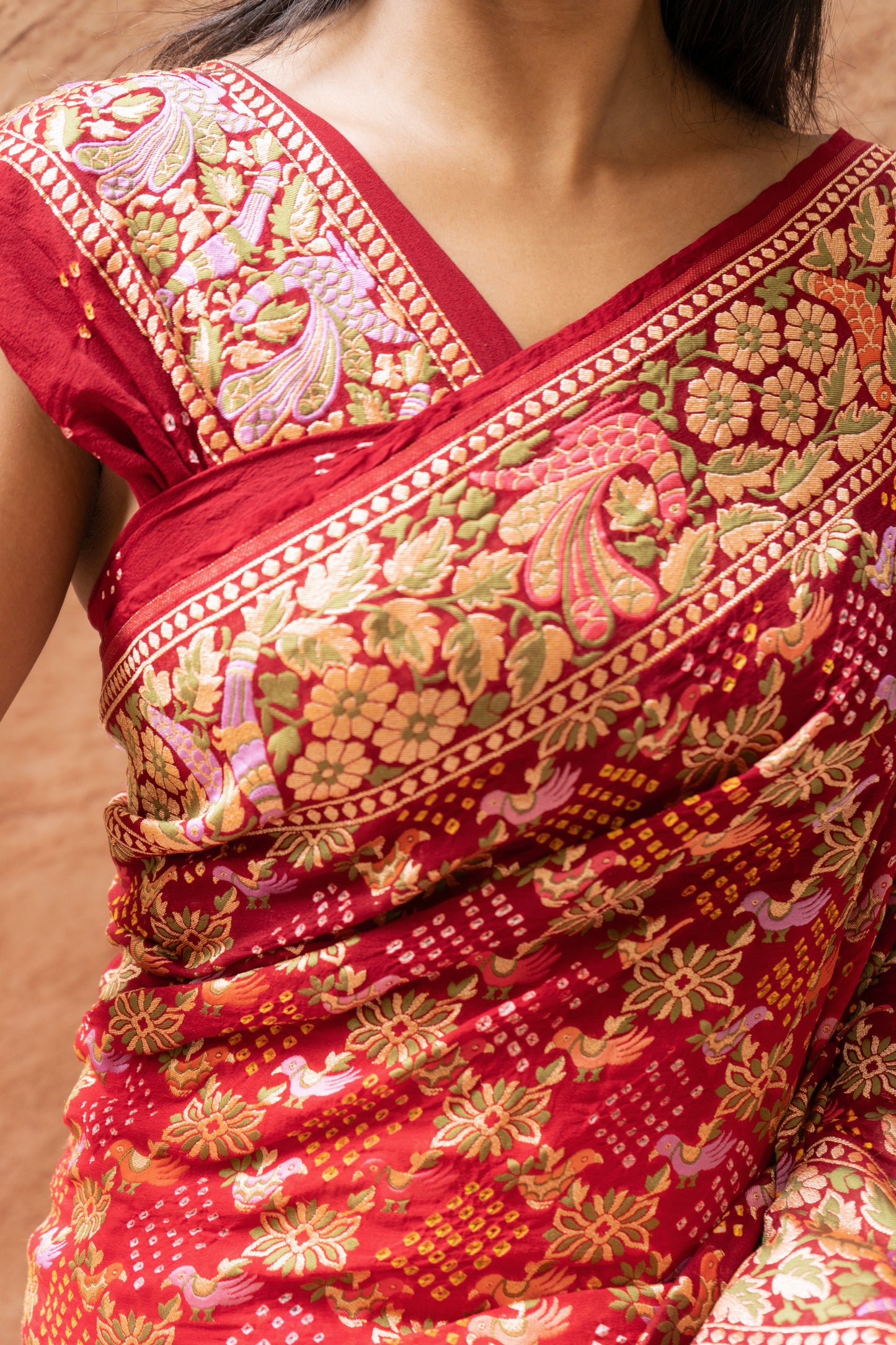 Georgette Bird Weaving Meenakari Red-Maroon Bandhej Saree