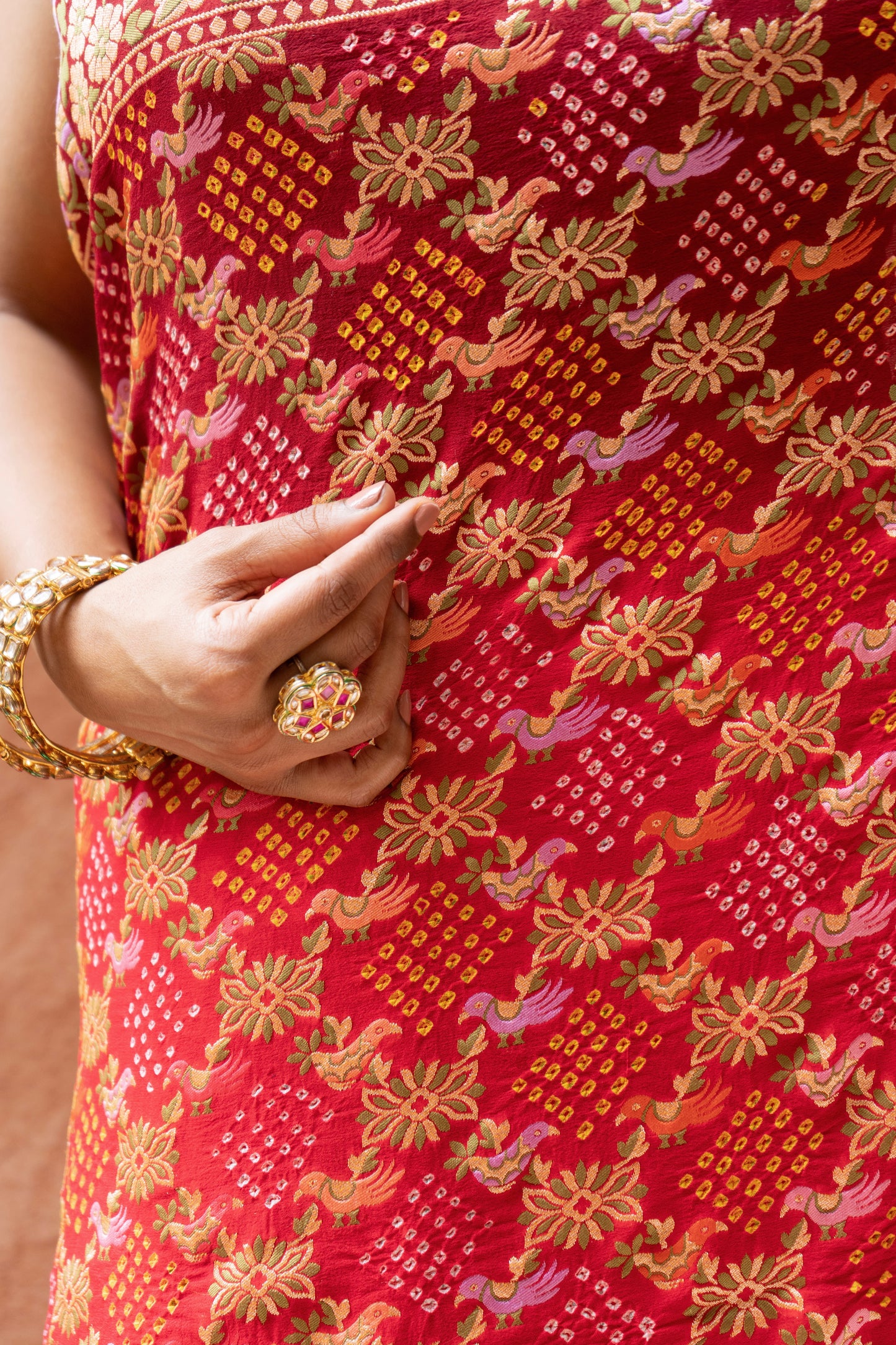 Georgette Bird Weaving Meenakari Red-Maroon Bandhej Saree