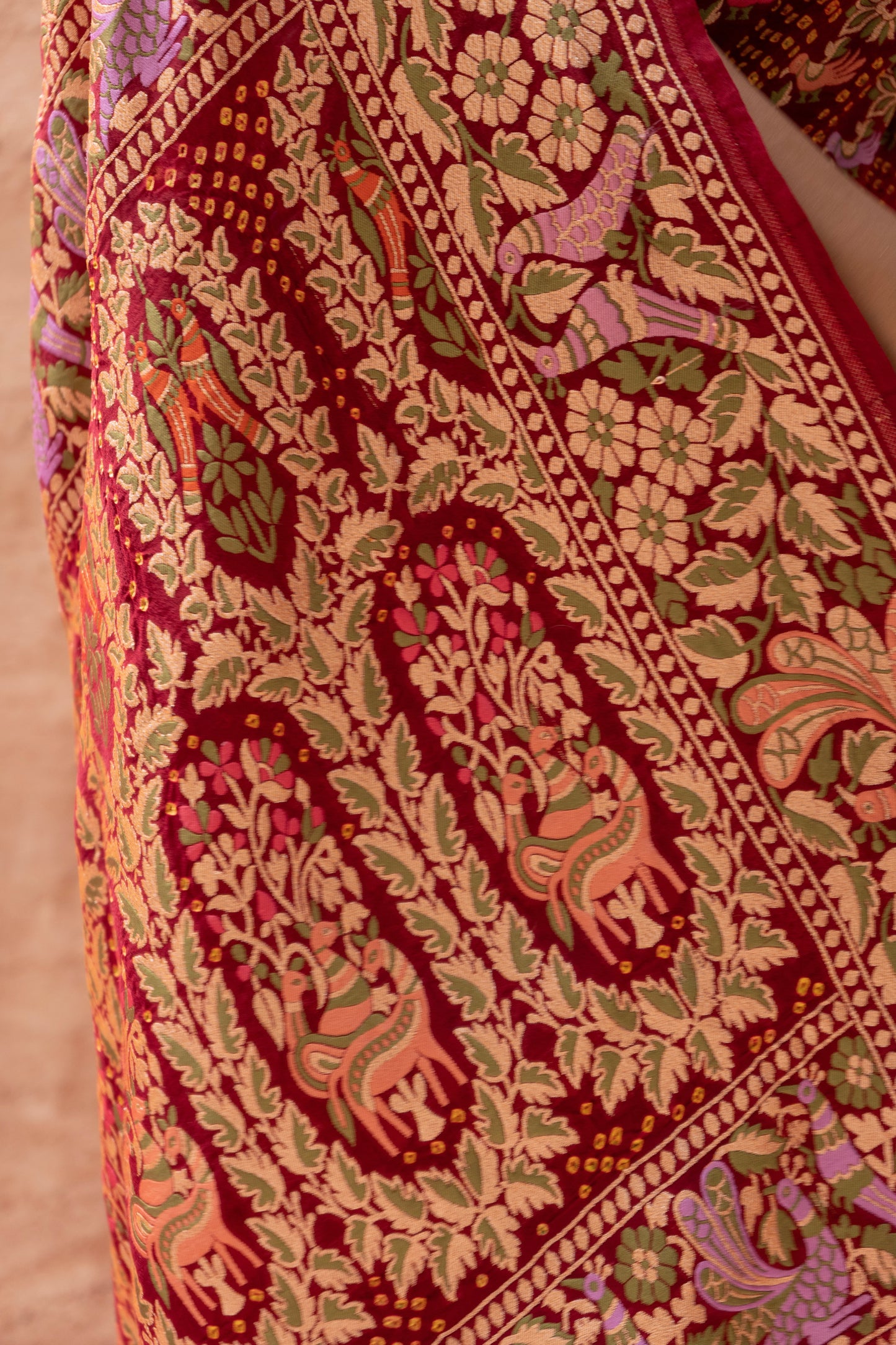 Georgette Bird Weaving Meenakari Red-Maroon Bandhej Saree