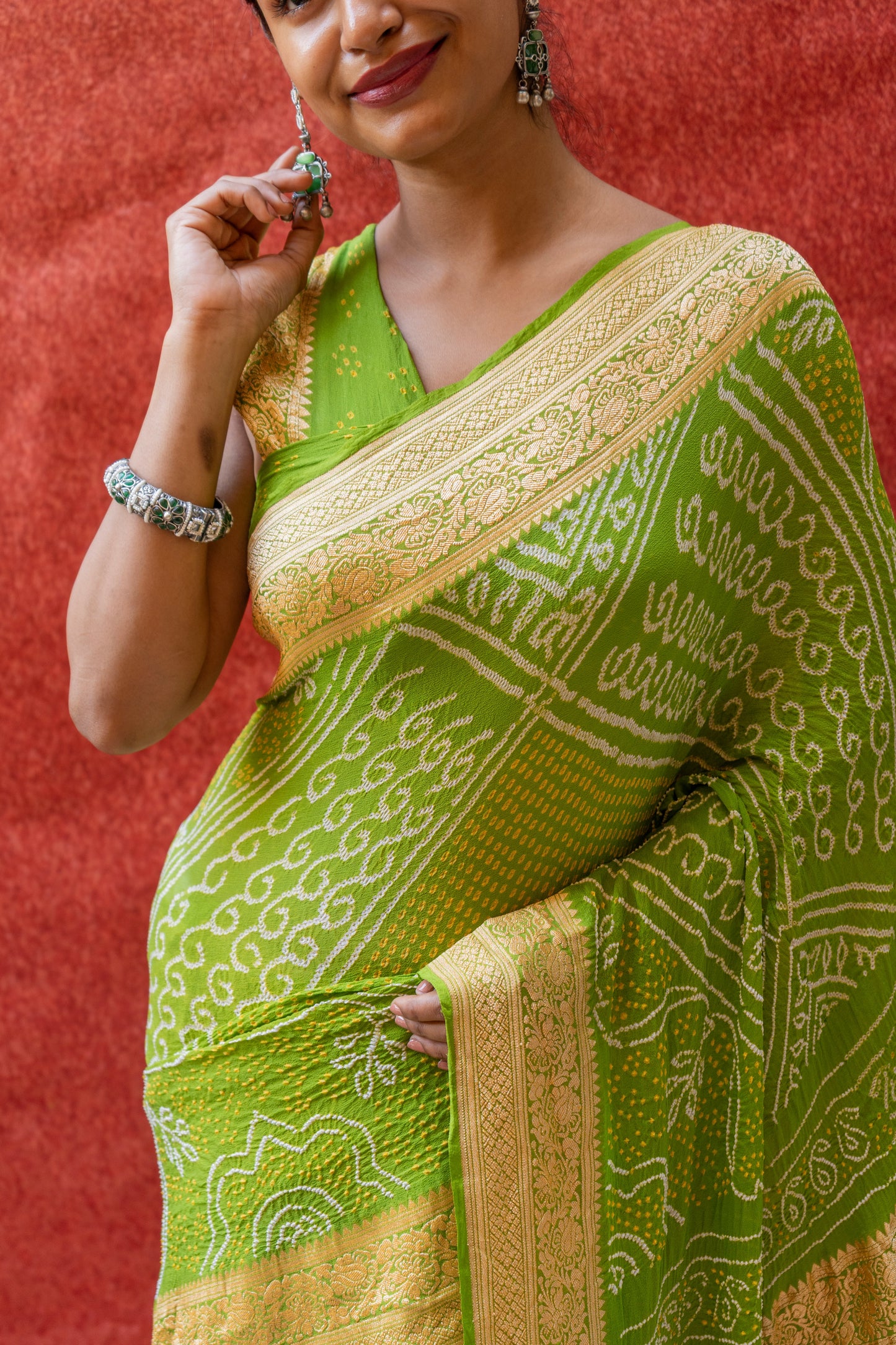 Georgette Rai Dana Green Bandhej Saree