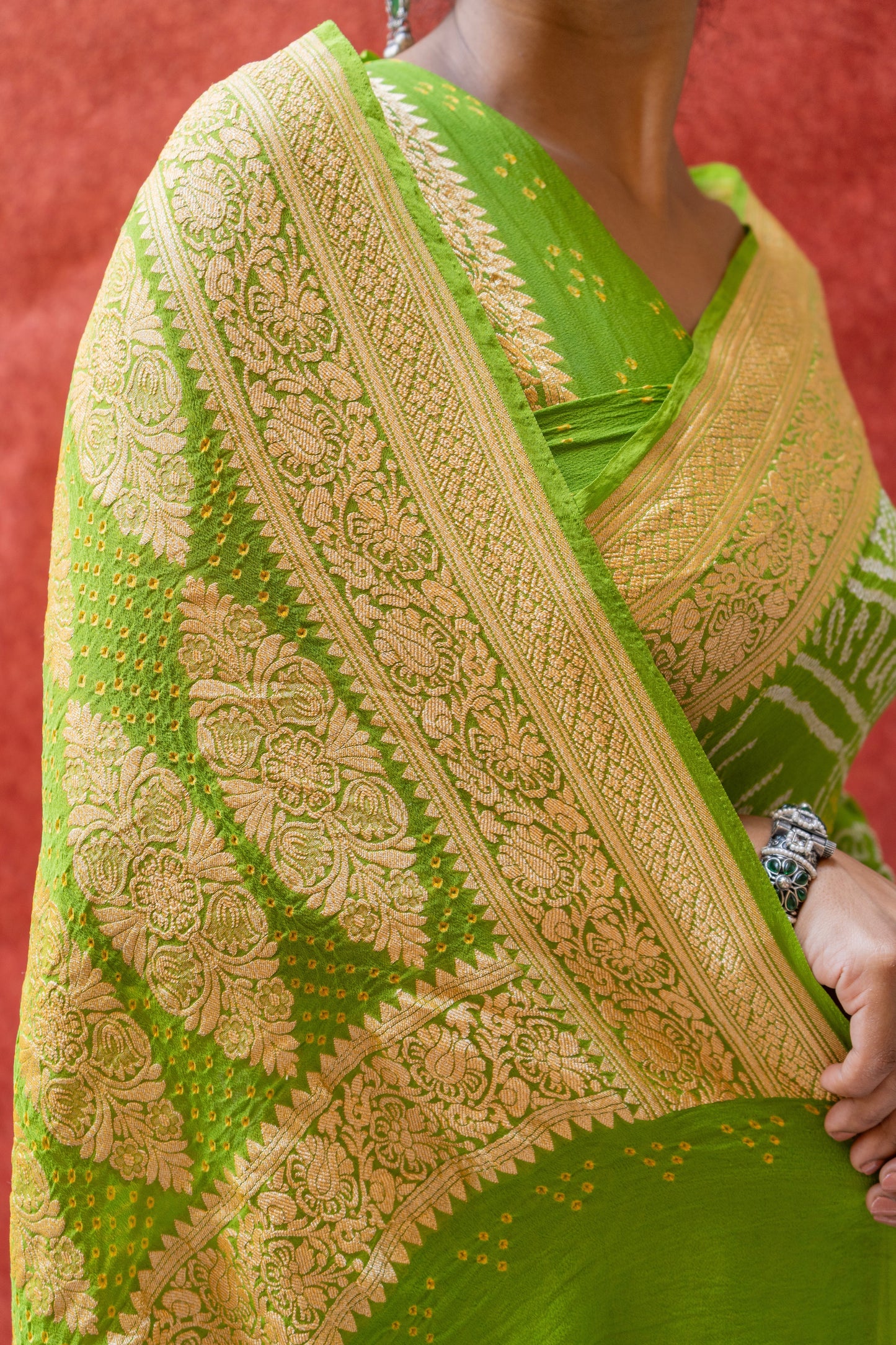 Georgette Rai Dana Green Bandhej Saree