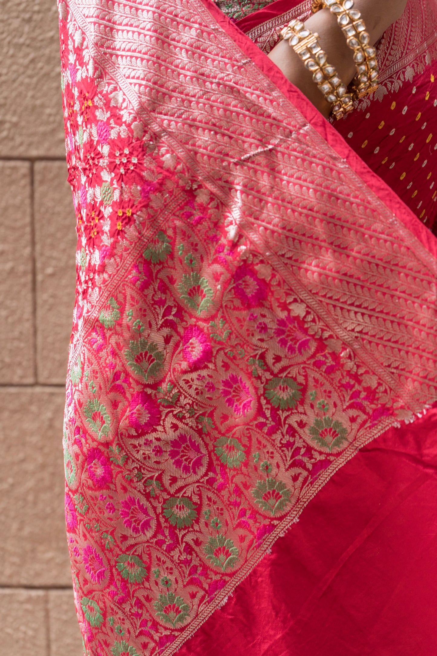 Kanchi Silk Skirt Border Meenakari Bandhej (Red) Saree