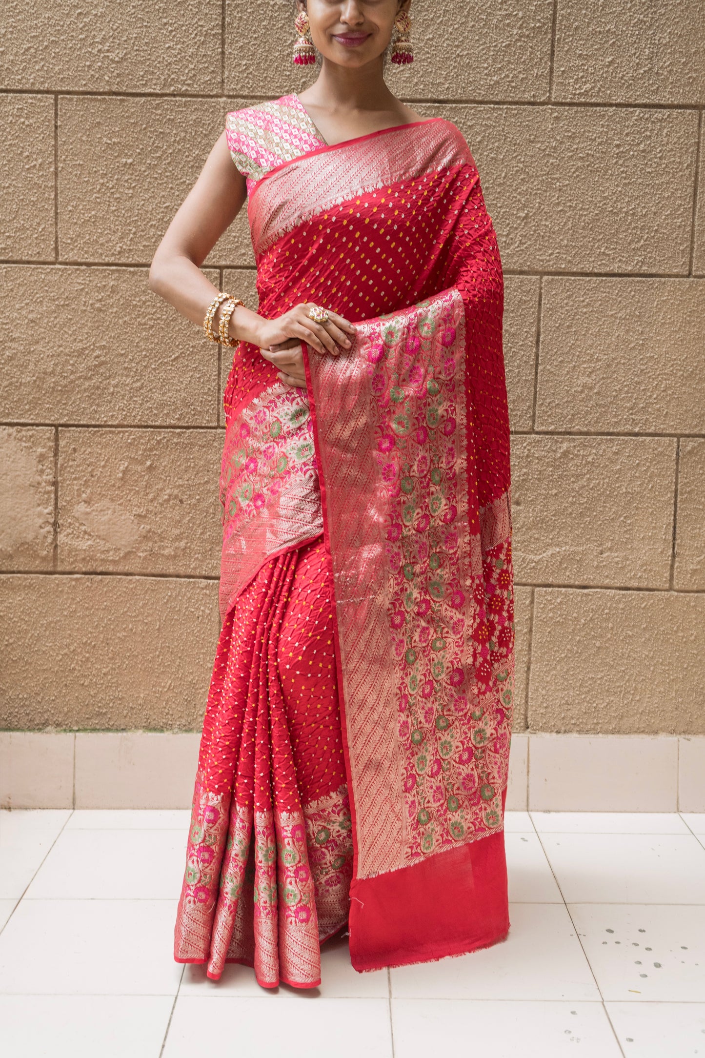 Kanchi Silk Skirt Border Meenakari Bandhej (Red) Saree