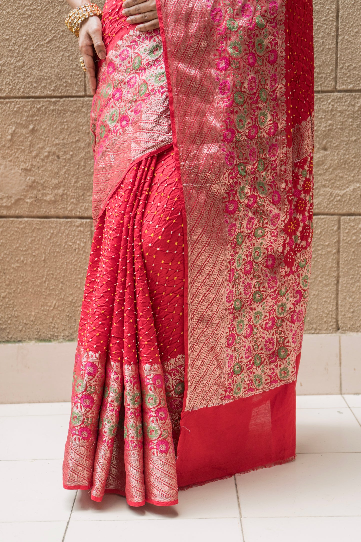 Kanchi Silk Skirt Border Meenakari Bandhej (Red) Saree