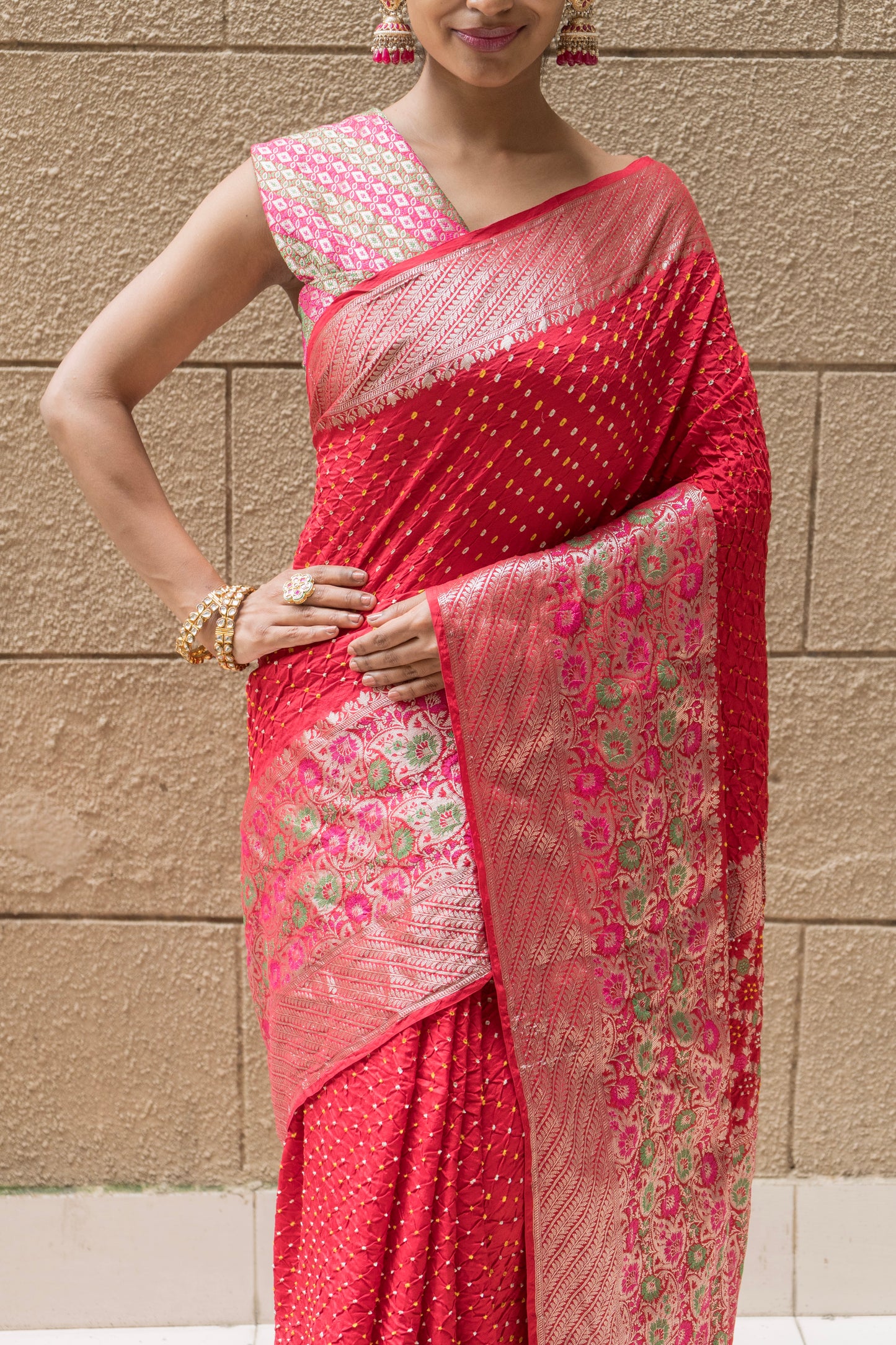 Kanchi Silk Skirt Border Meenakari Bandhej (Red) Saree