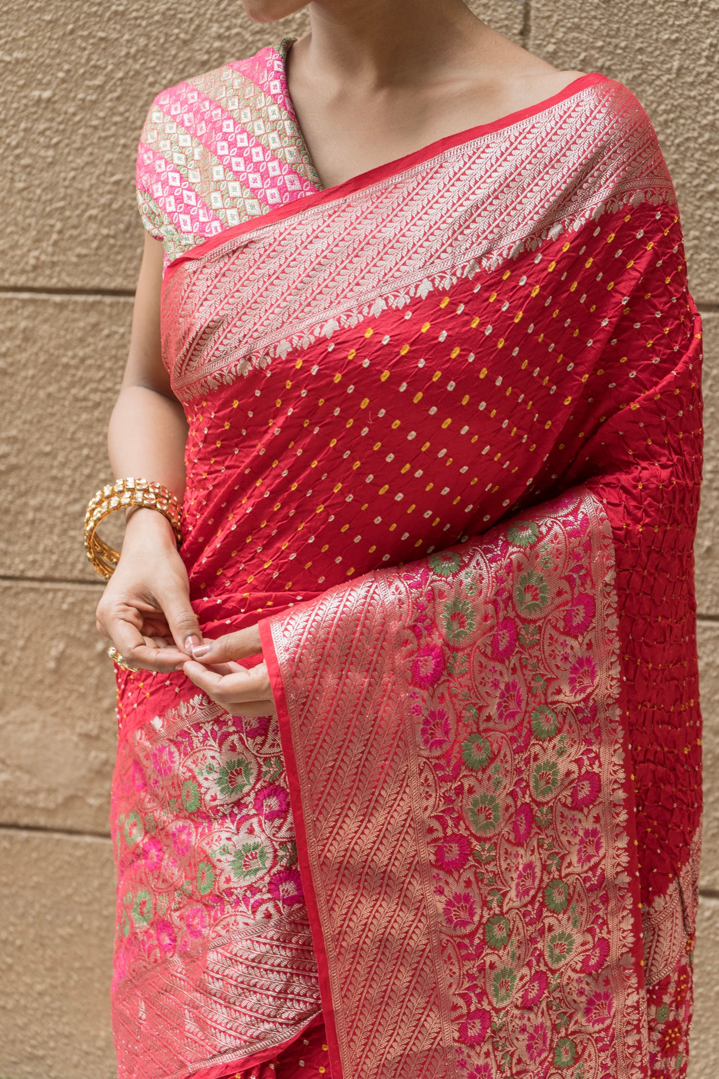 Kanchi Silk Skirt Border Meenakari Bandhej (Red) Saree