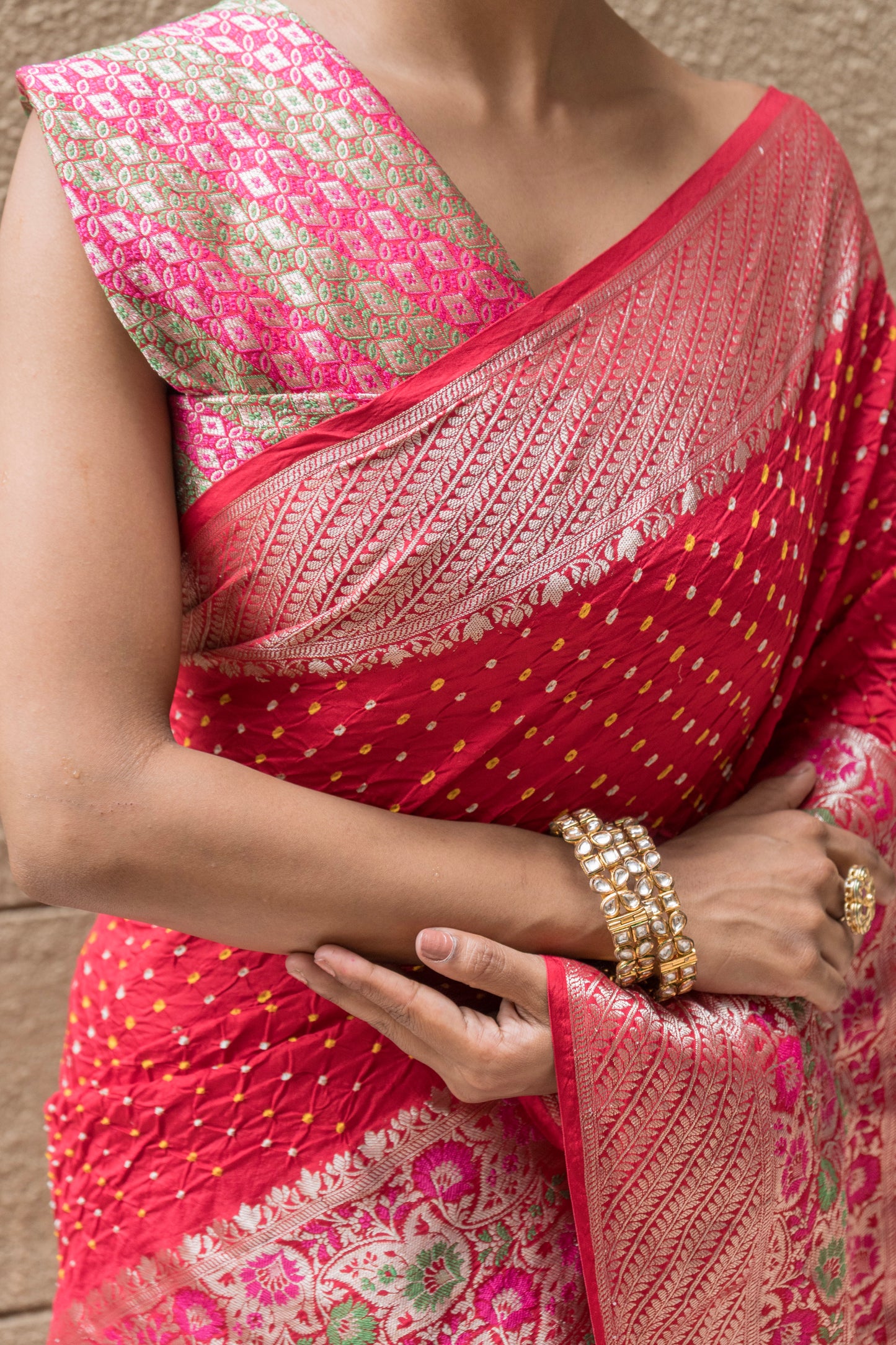 Kanchi Silk Skirt Border Meenakari Bandhej (Red) Saree
