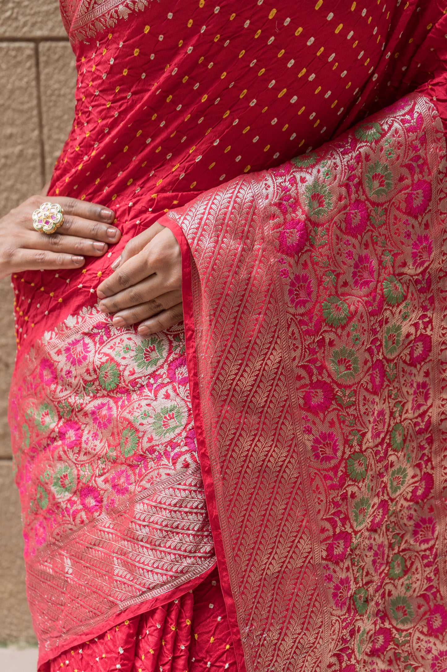 Kanchi Silk Skirt Border Meenakari Bandhej (Red) Saree