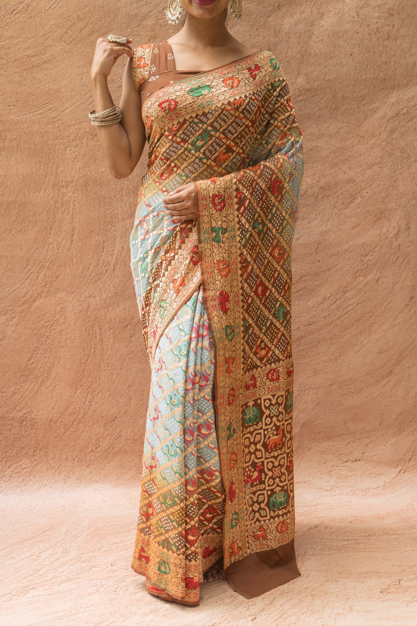 Georgette Figure Weaving Meenakari Bandhej Saree (Grey-Brown)