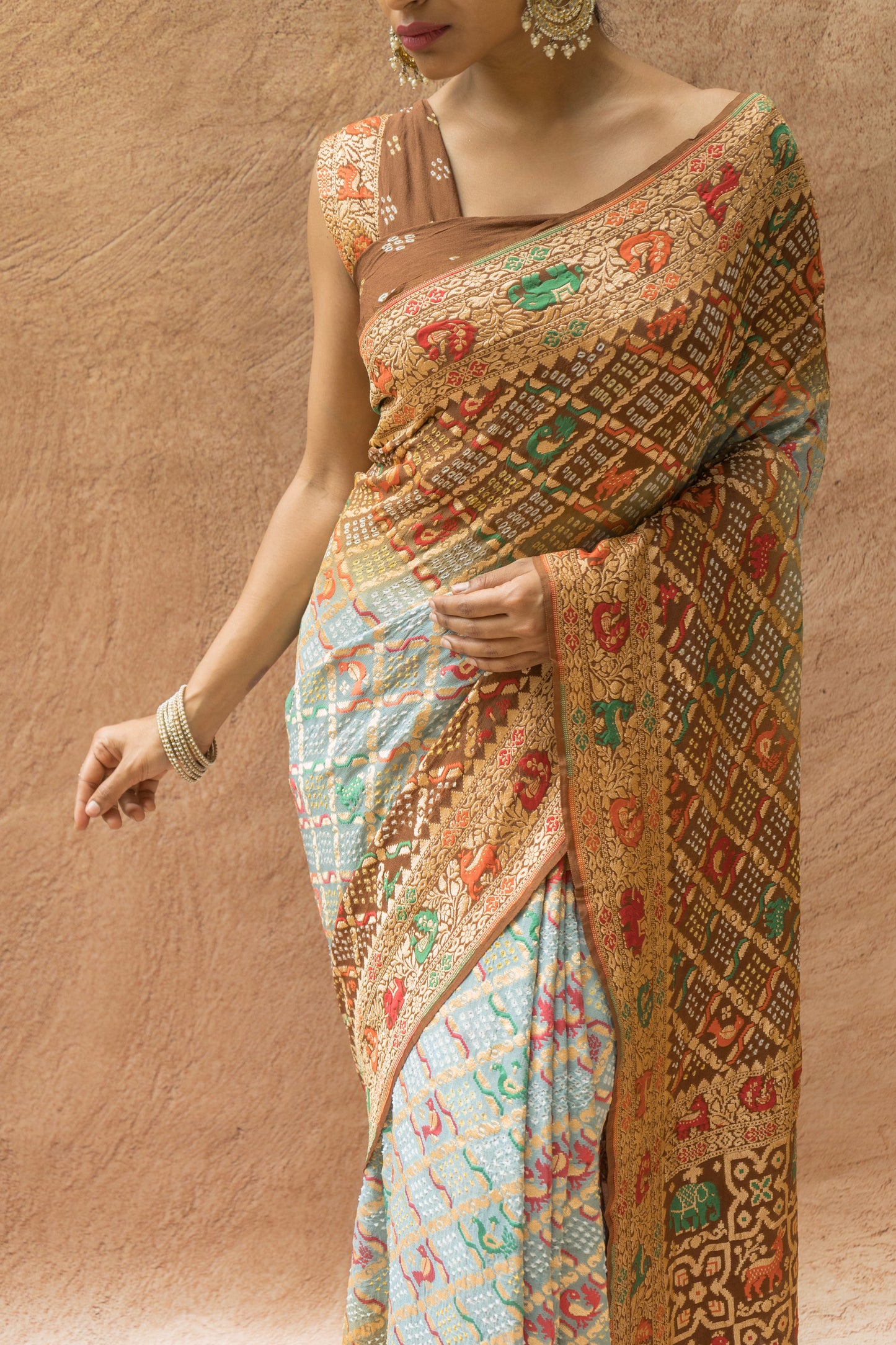 Georgette Figure Weaving Meenakari Bandhej Saree (Grey-Brown)