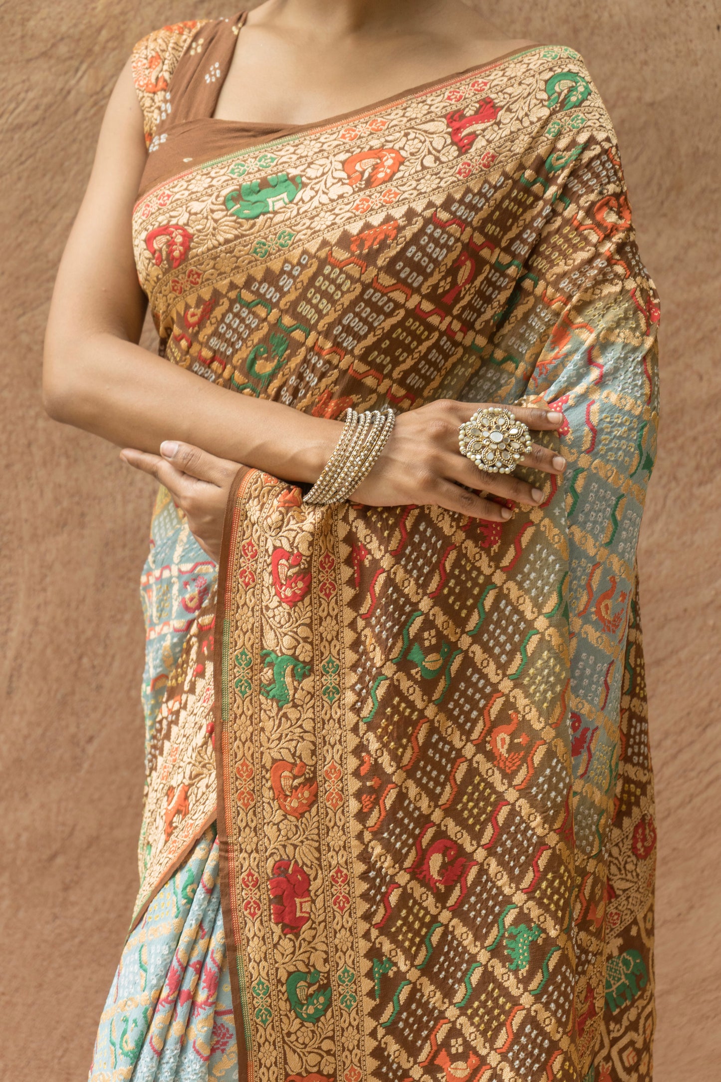 Georgette Figure Weaving Meenakari Bandhej Saree (Grey-Brown)
