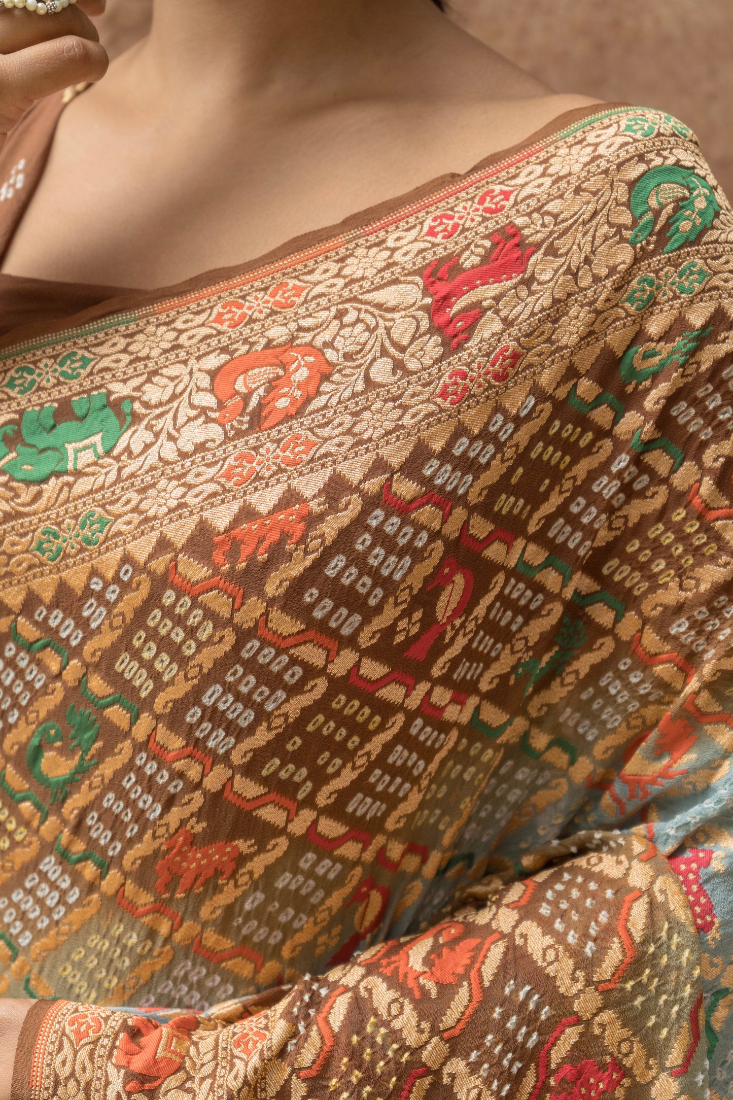 Georgette Figure Weaving Meenakari Bandhej Saree (Grey-Brown)