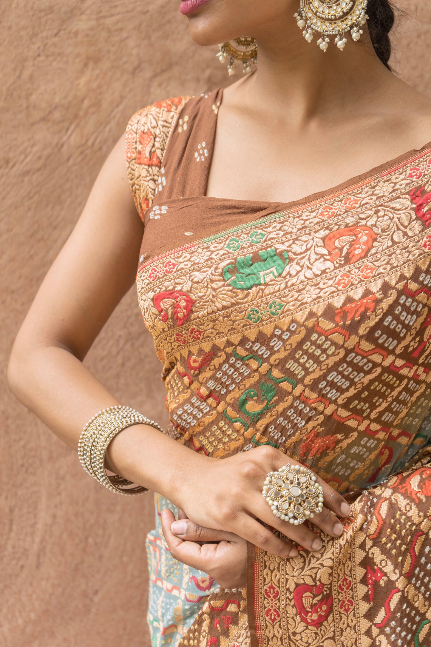 Georgette Figure Weaving Meenakari Bandhej Saree (Grey-Brown)