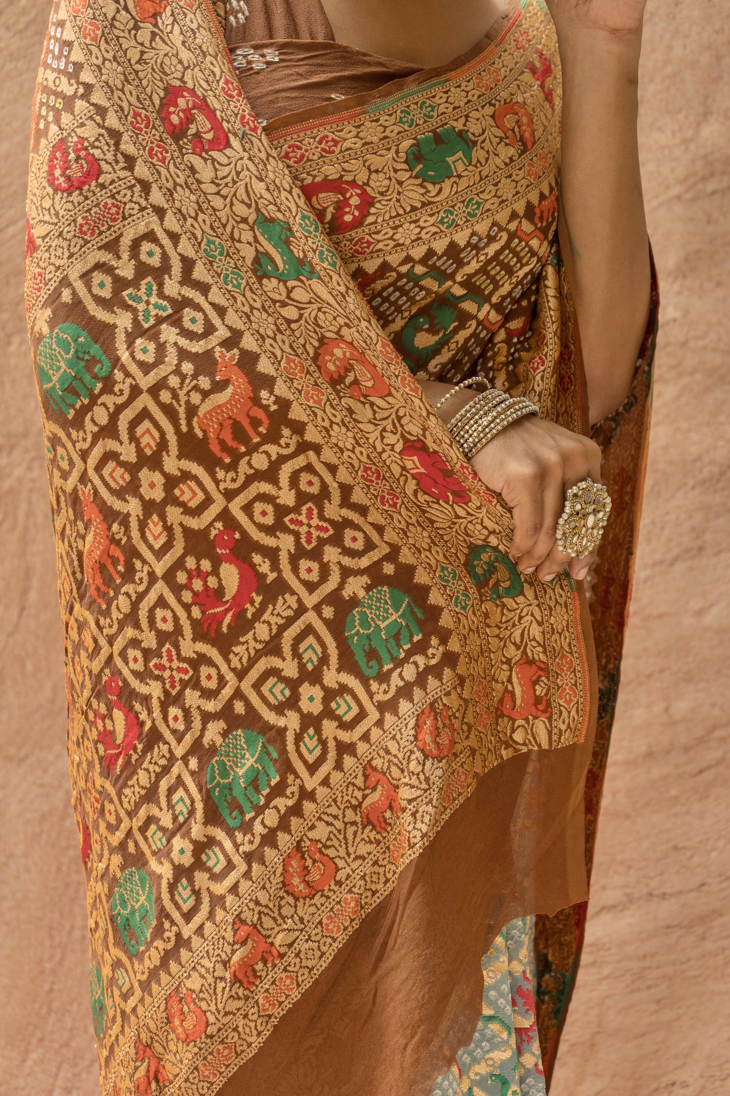 Georgette Figure Weaving Meenakari Bandhej Saree (Grey-Brown)