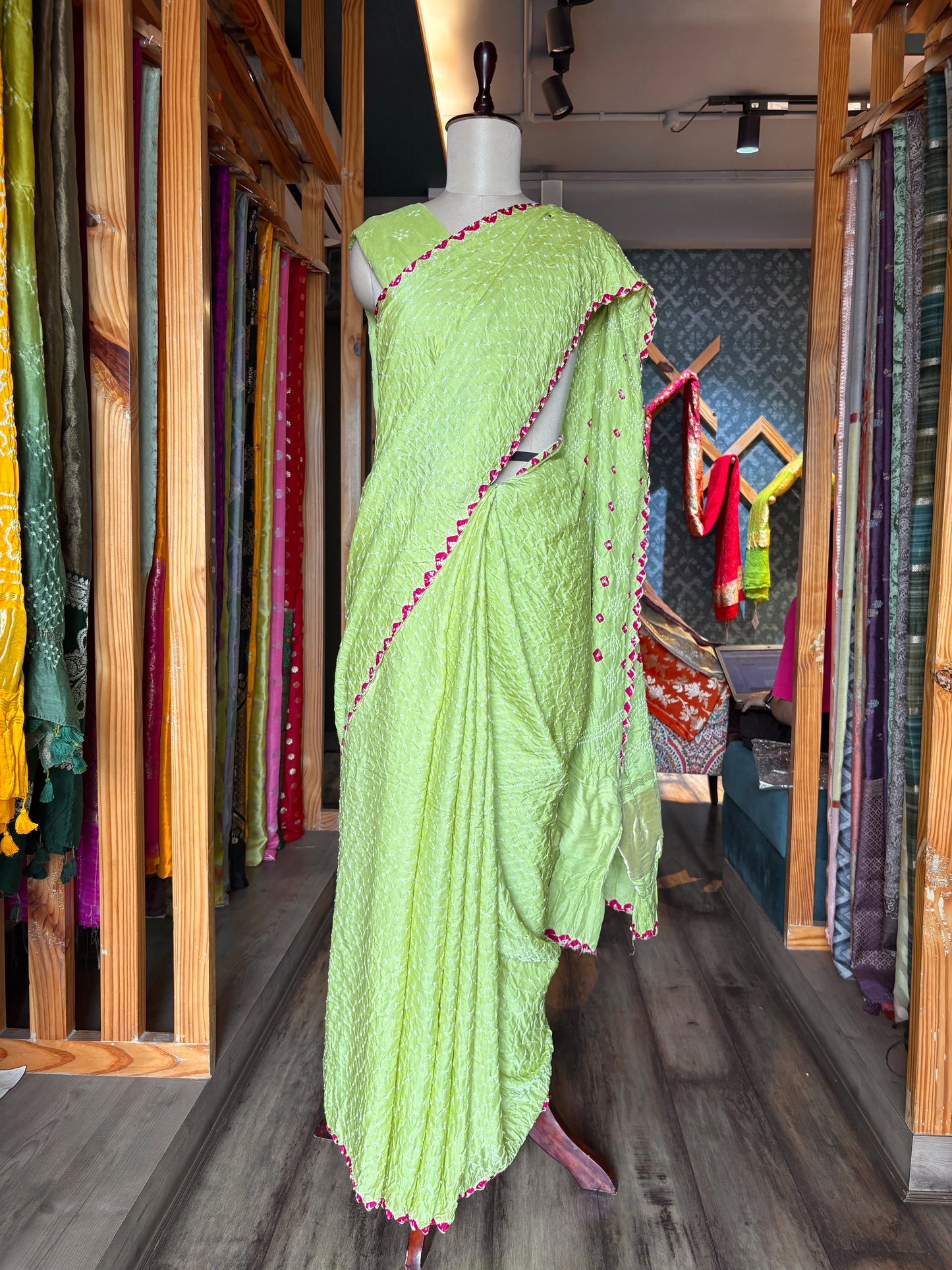 Gajji Pink Rai Dana-Pista Green Saree