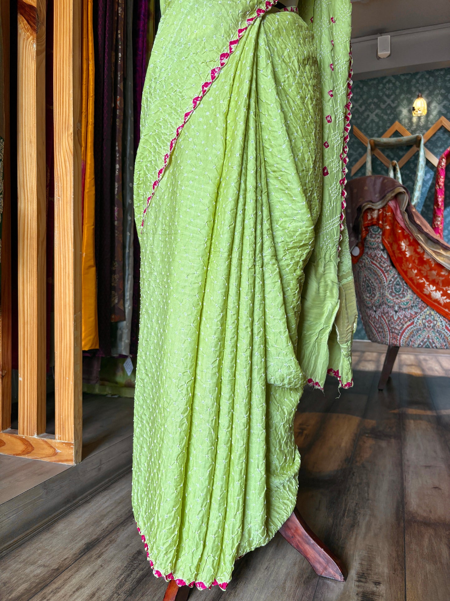 Gajji Pink Rai Dana-Pista Green Saree