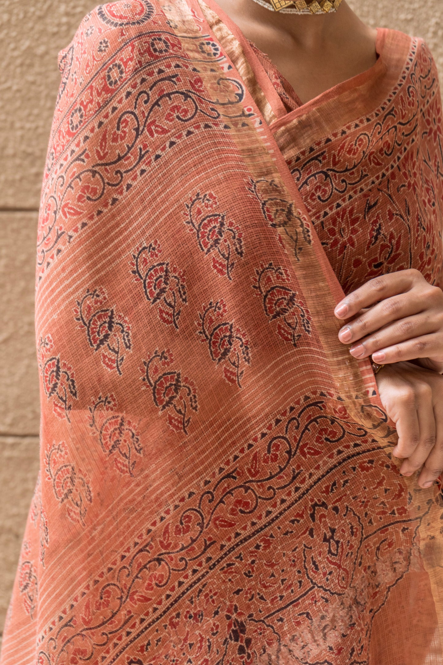 Kota Doria Ajrakh Floral Print- Rust Saree