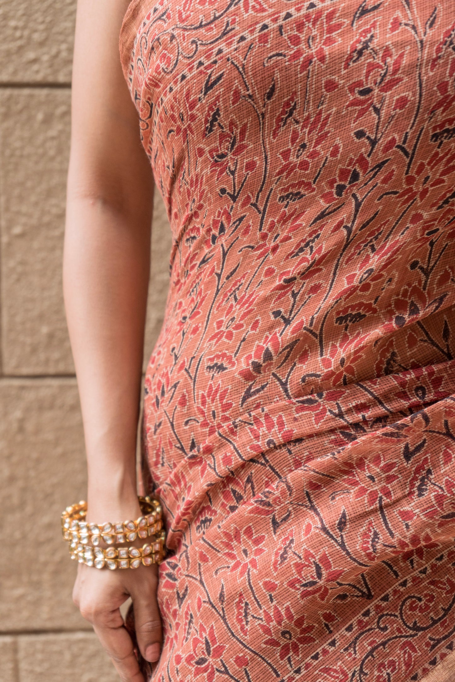 Kota Doria Ajrakh Floral Print- Rust Saree