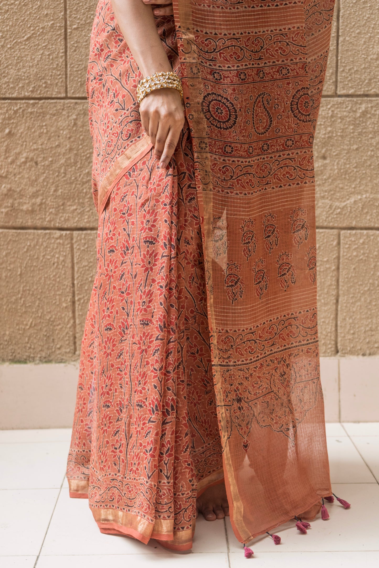Kota Doria Ajrakh Floral Print- Rust Saree
