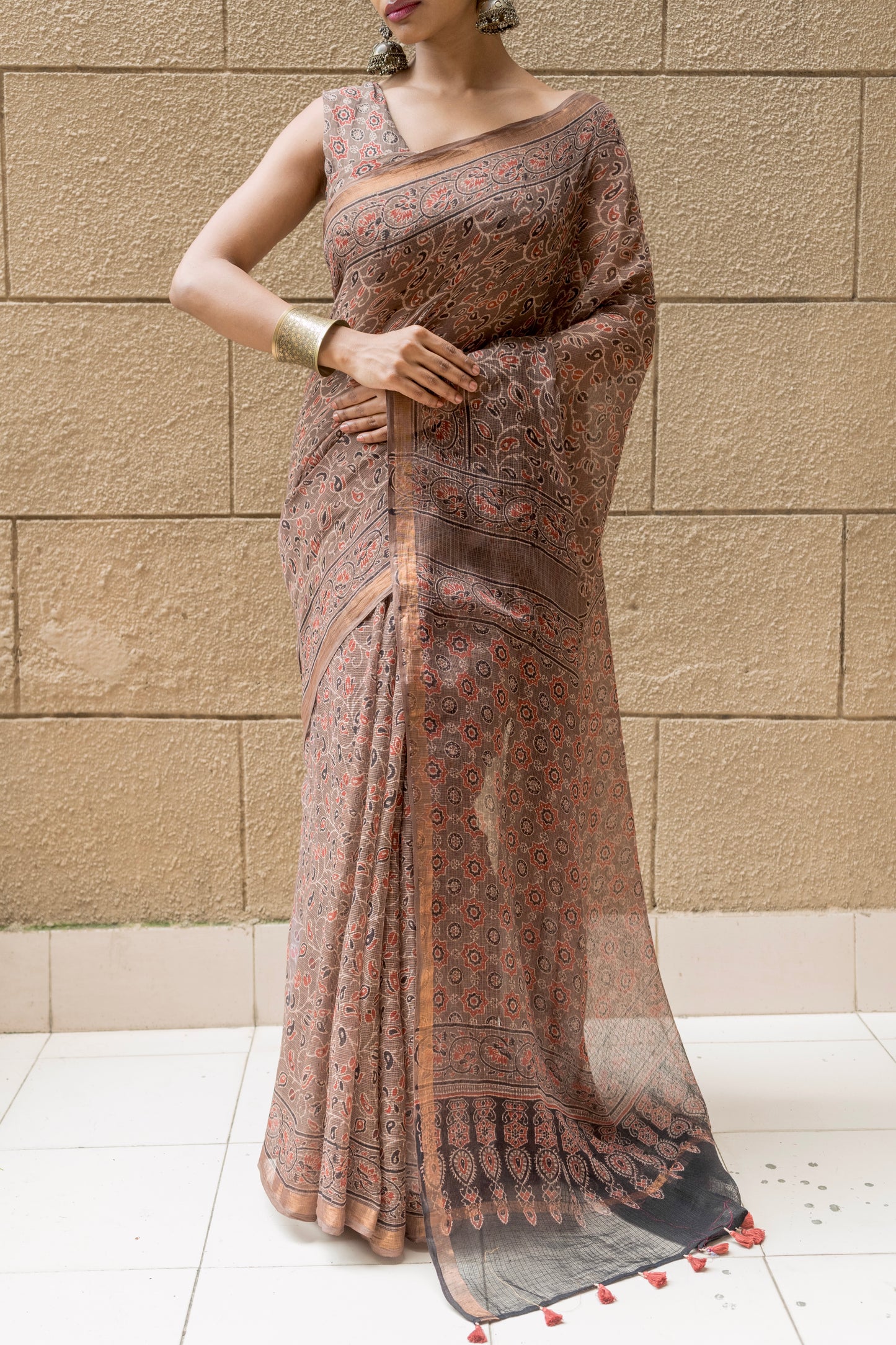 Kota Doria Ajrakh Print Brown Saree
