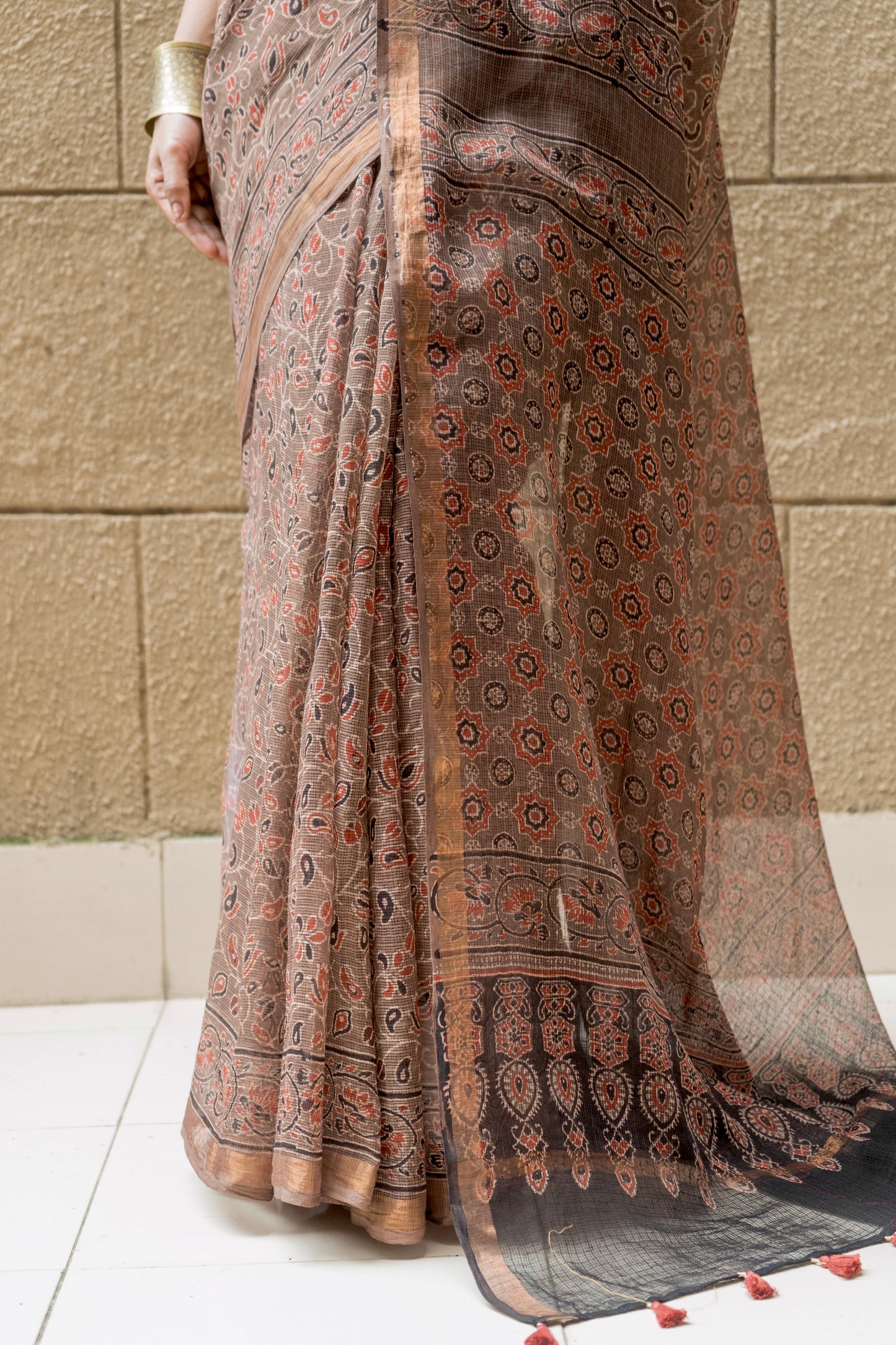 Kota Doria Ajrakh Print Brown Saree