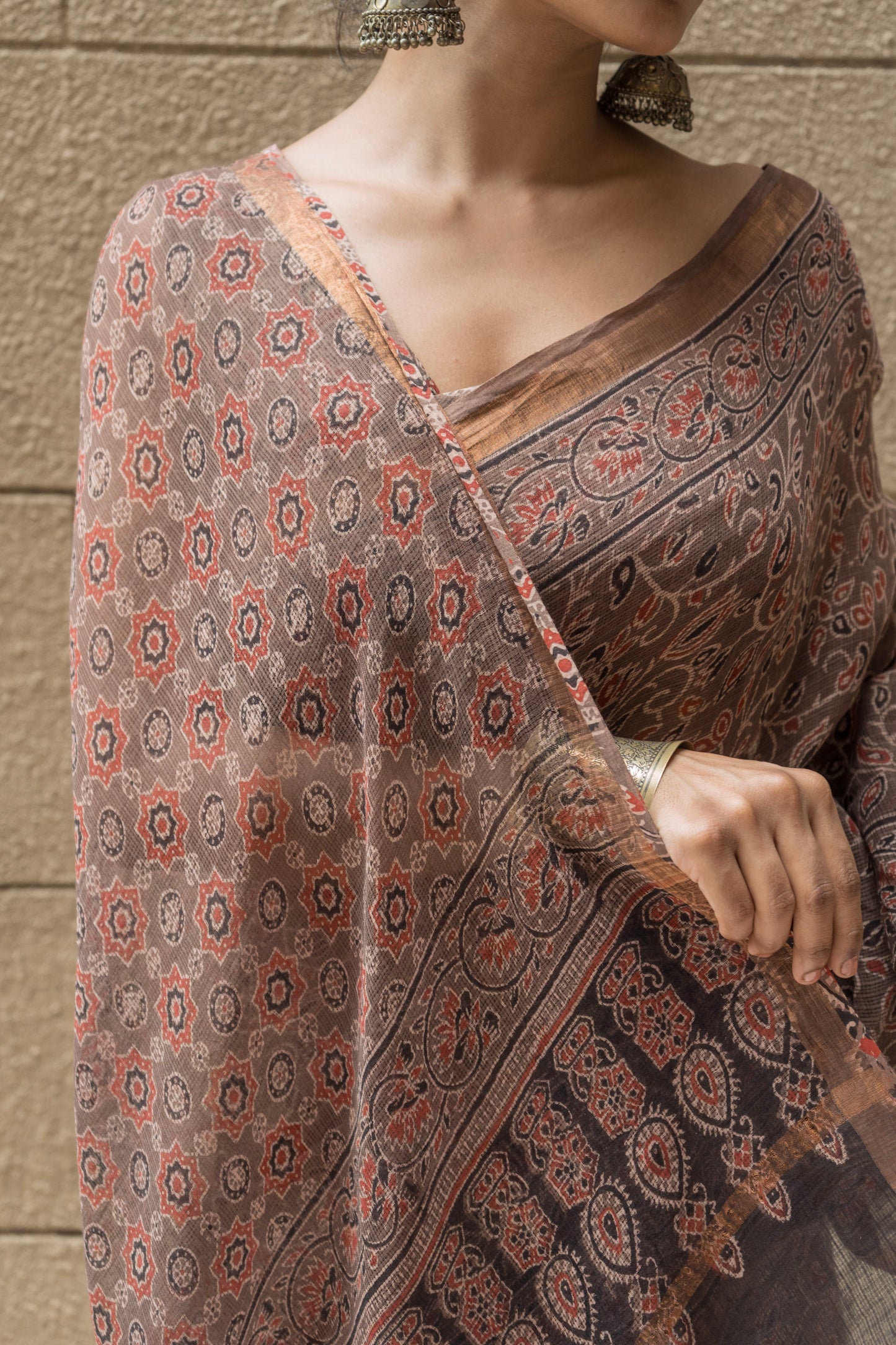 Kota Doria Ajrakh Print Brown Saree