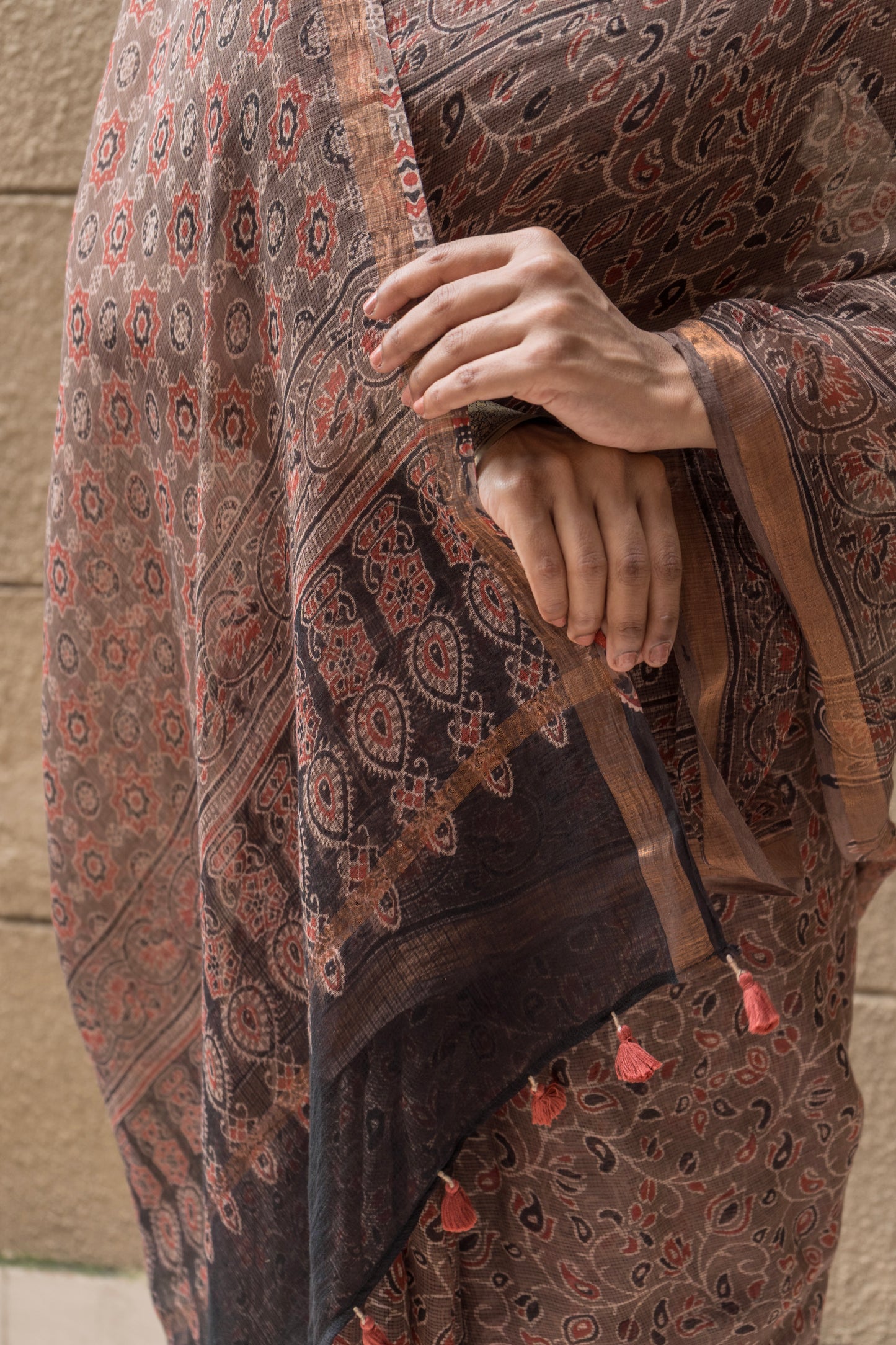 Kota Doria Ajrakh Print Brown Saree