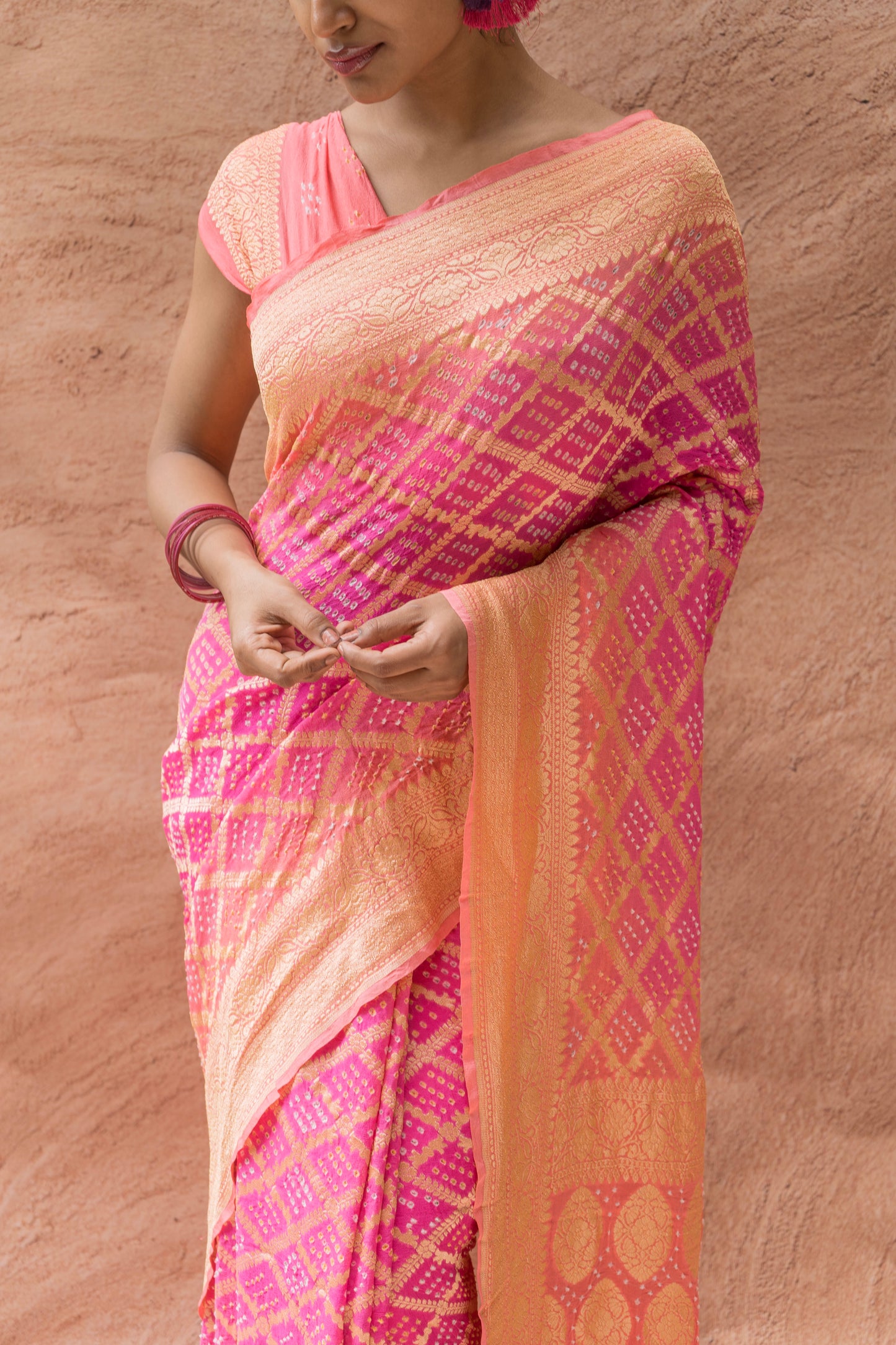 Georgette Chequered Jaal Ombre Peach Rai Dana Saree