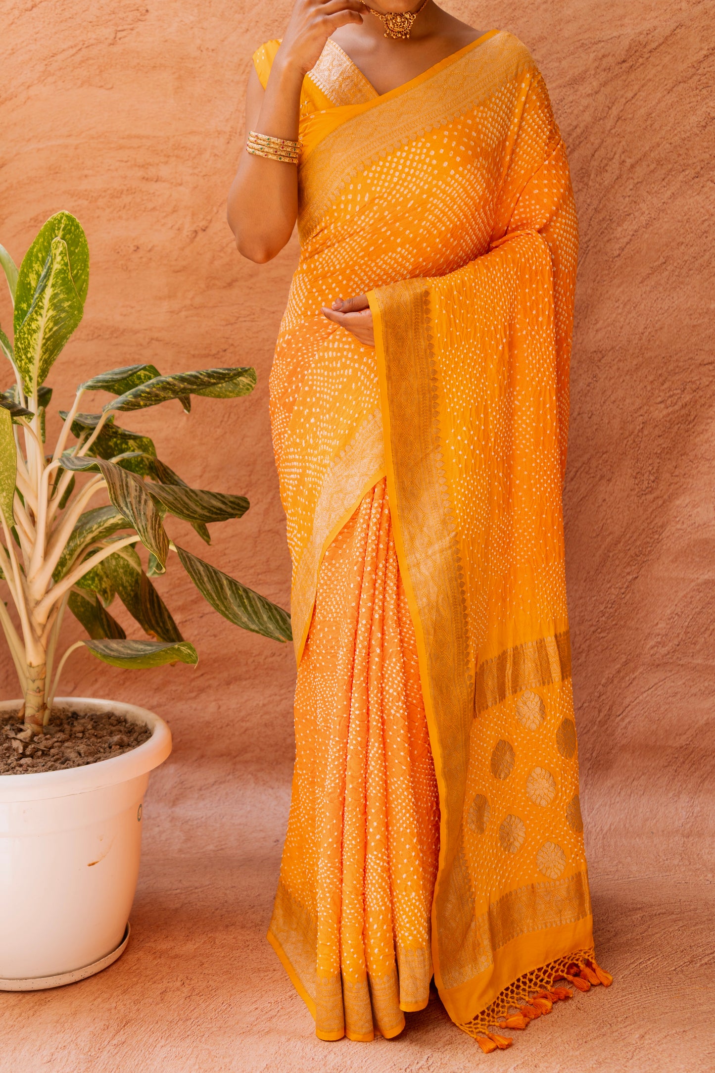 Ombre Yellow-Orange Satin Silk Kadhua Border Bandhej Saree